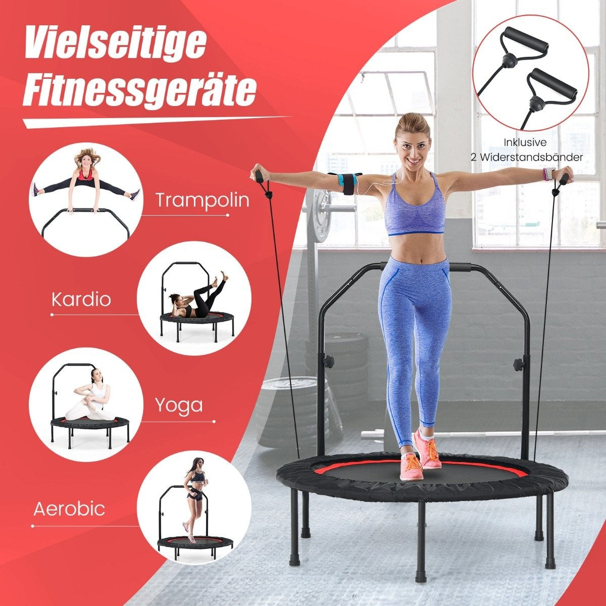 Fitness Trampoline with Adjustable Handle & Resistance Bands