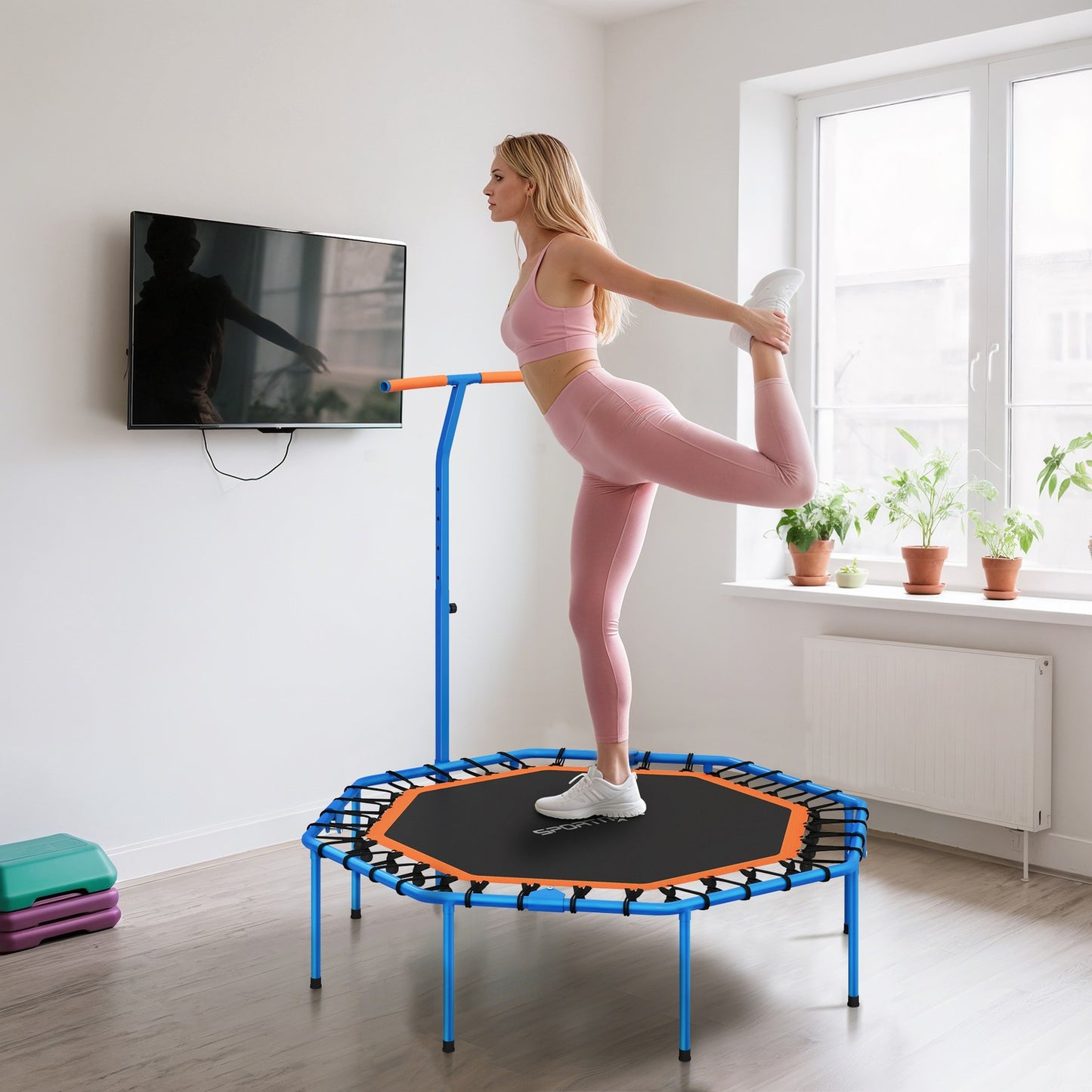 Fitness Trampoline with Adjustable Handle, Steel, Indoor Use