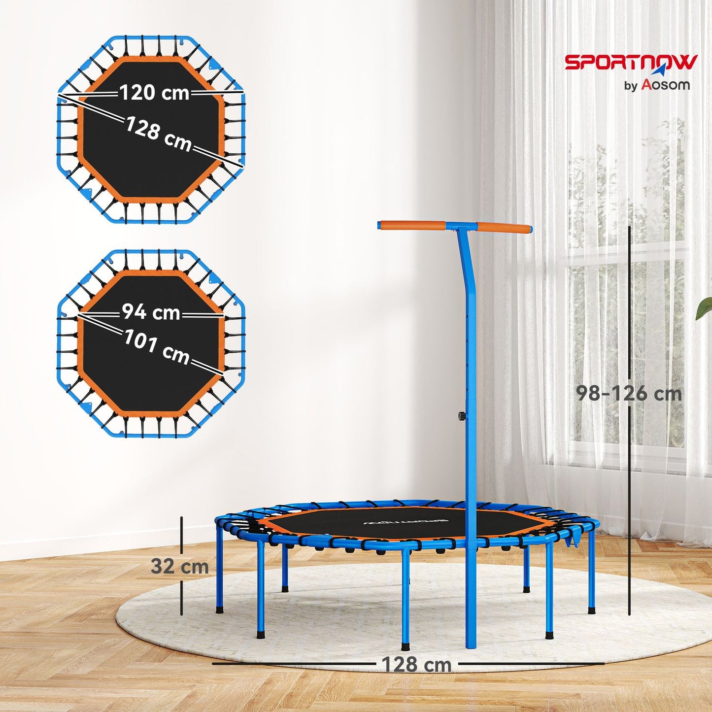 Fitness Trampoline with Adjustable Handle, Steel, Indoor Use