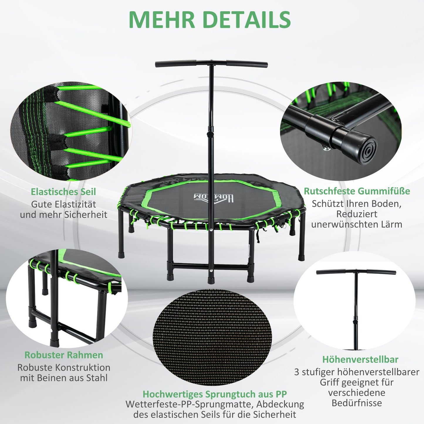 Fitness trampoline with adjustable handle for indoor and outdoor use