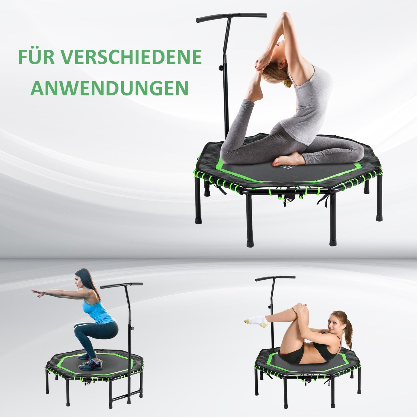 Fitness trampoline with adjustable handle for indoor and outdoor use