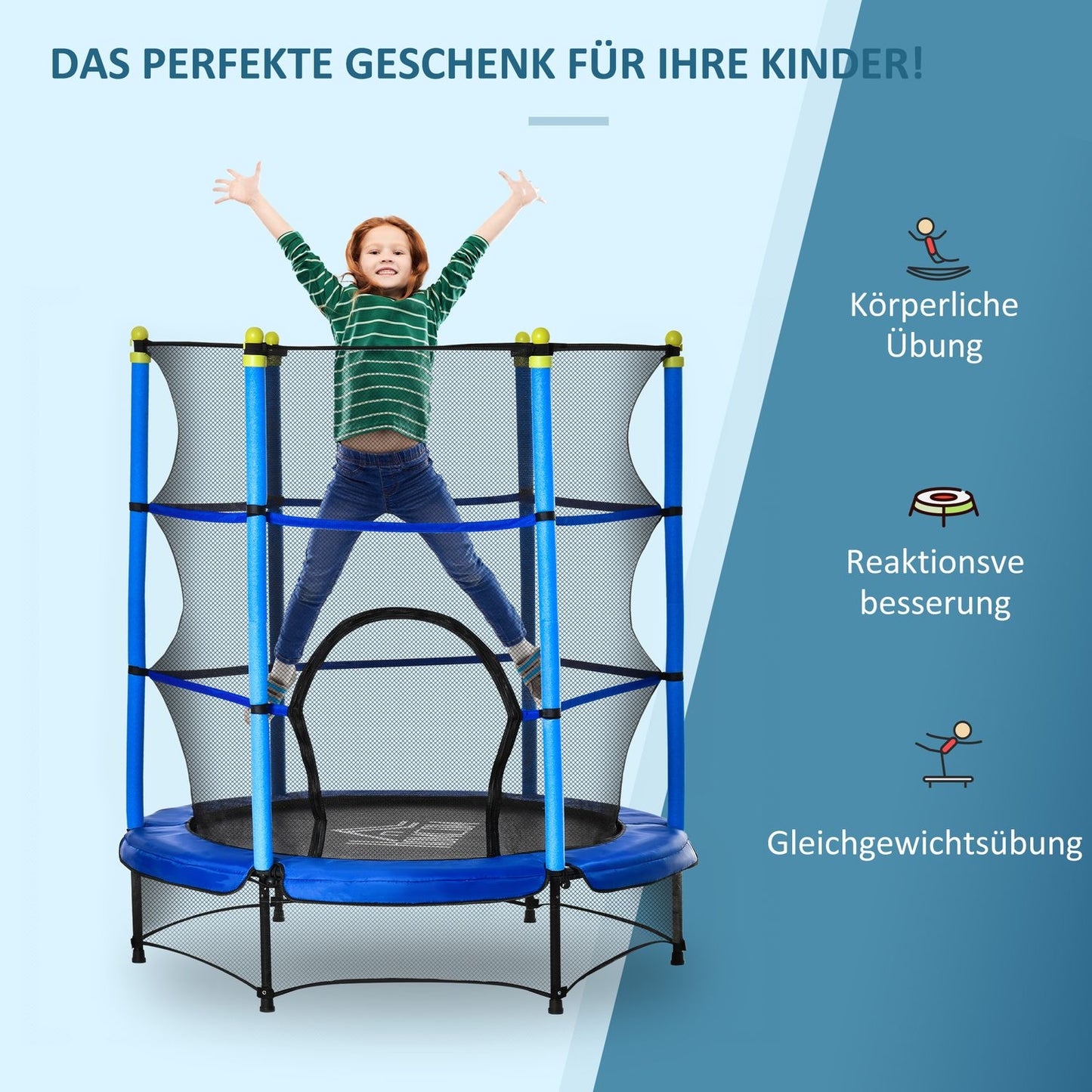 Fitness trampoline for children with safety net, Ø140 cm, 45 kg Limit
