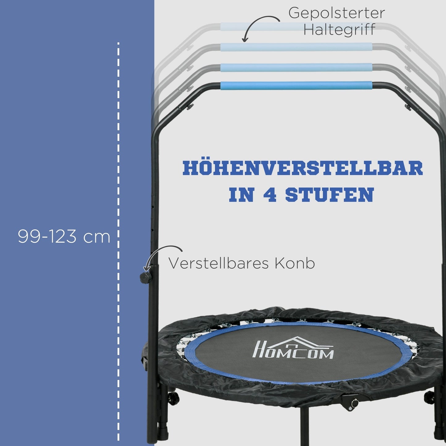 Foldable fitness trampoline, 100 kg, adjustable handle, LCD