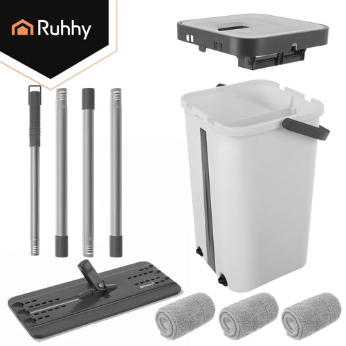 Flat Mop with 11L Dual-Chamber Bucket & 3 Pads