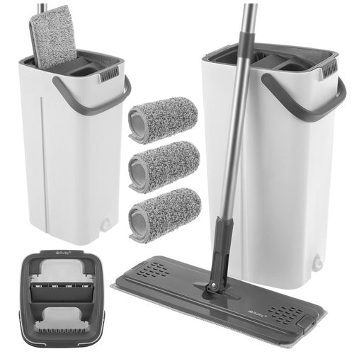 Flat Mop with 8.5L Dual-Chamber Bucket & 3 Pads