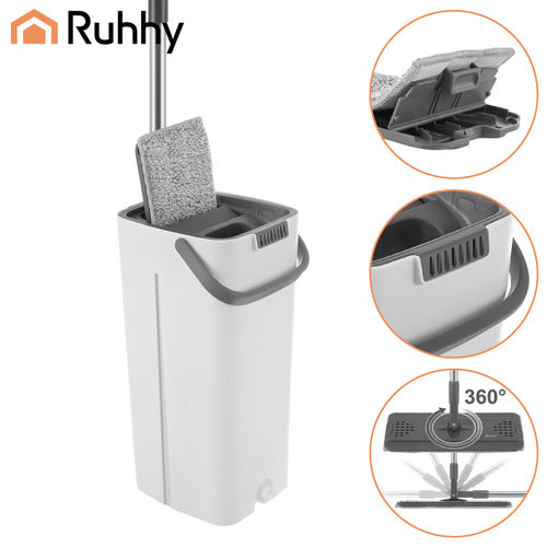 Flat Mop with 8.5L Dual-Chamber Bucket & 3 Pads