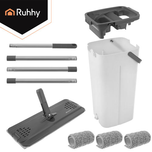 Flat Mop with 8.5L Dual-Chamber Bucket & 3 Pads