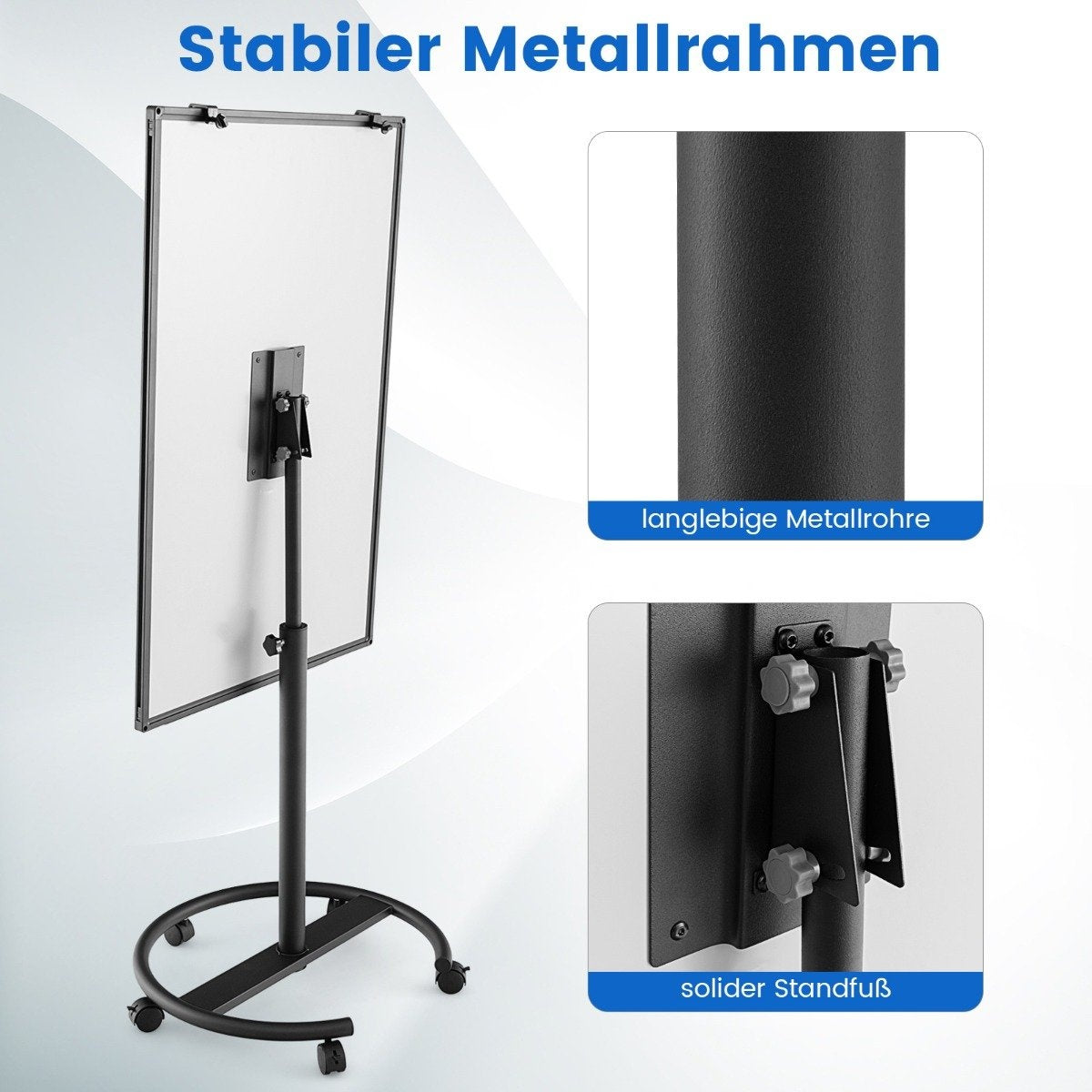 Flipchart stand on wheels with magnets and markers, whiteboard, height adjustable up to 192 cm