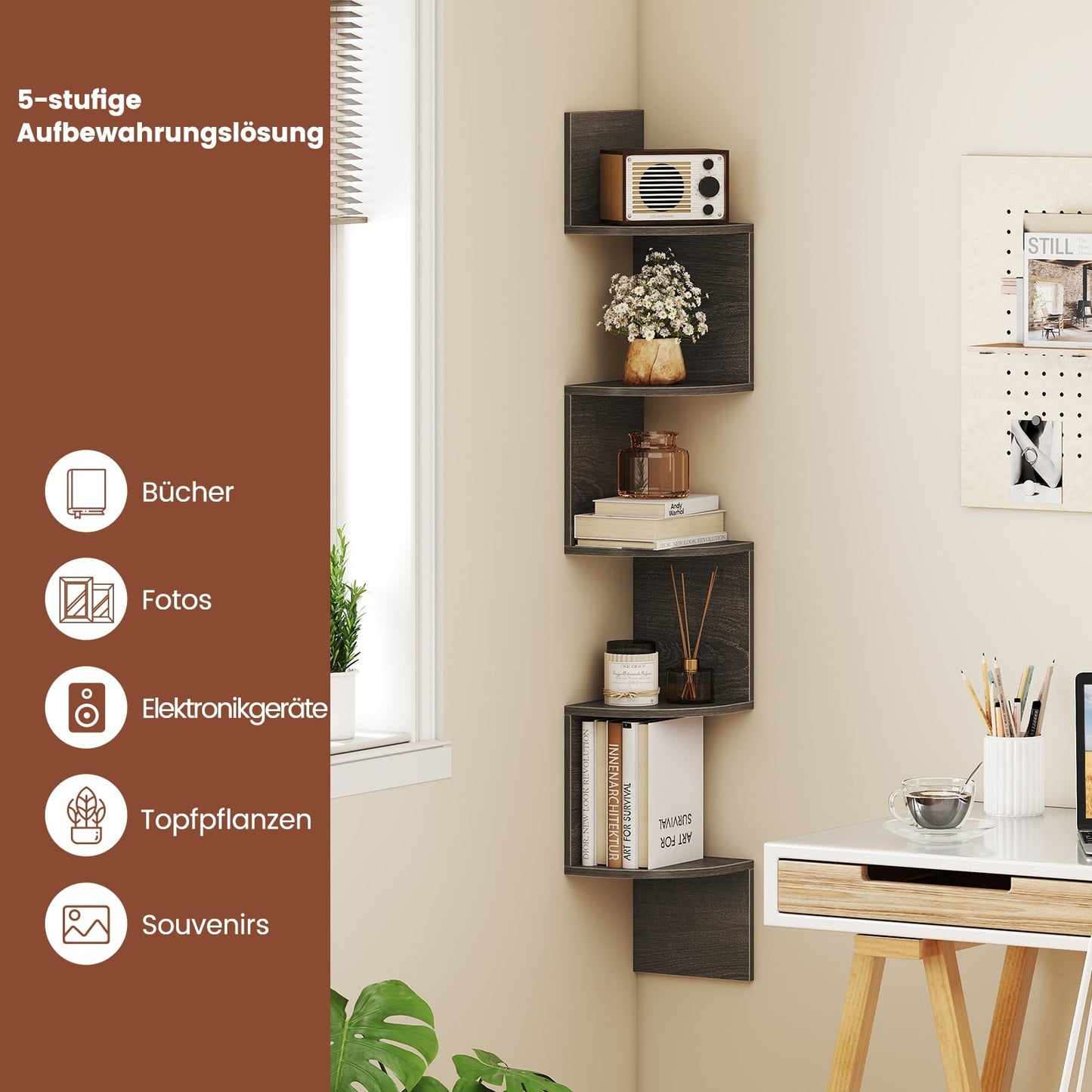 Floating Corner Shelf, 5-Tier Wall-Mounted Storage, Grey