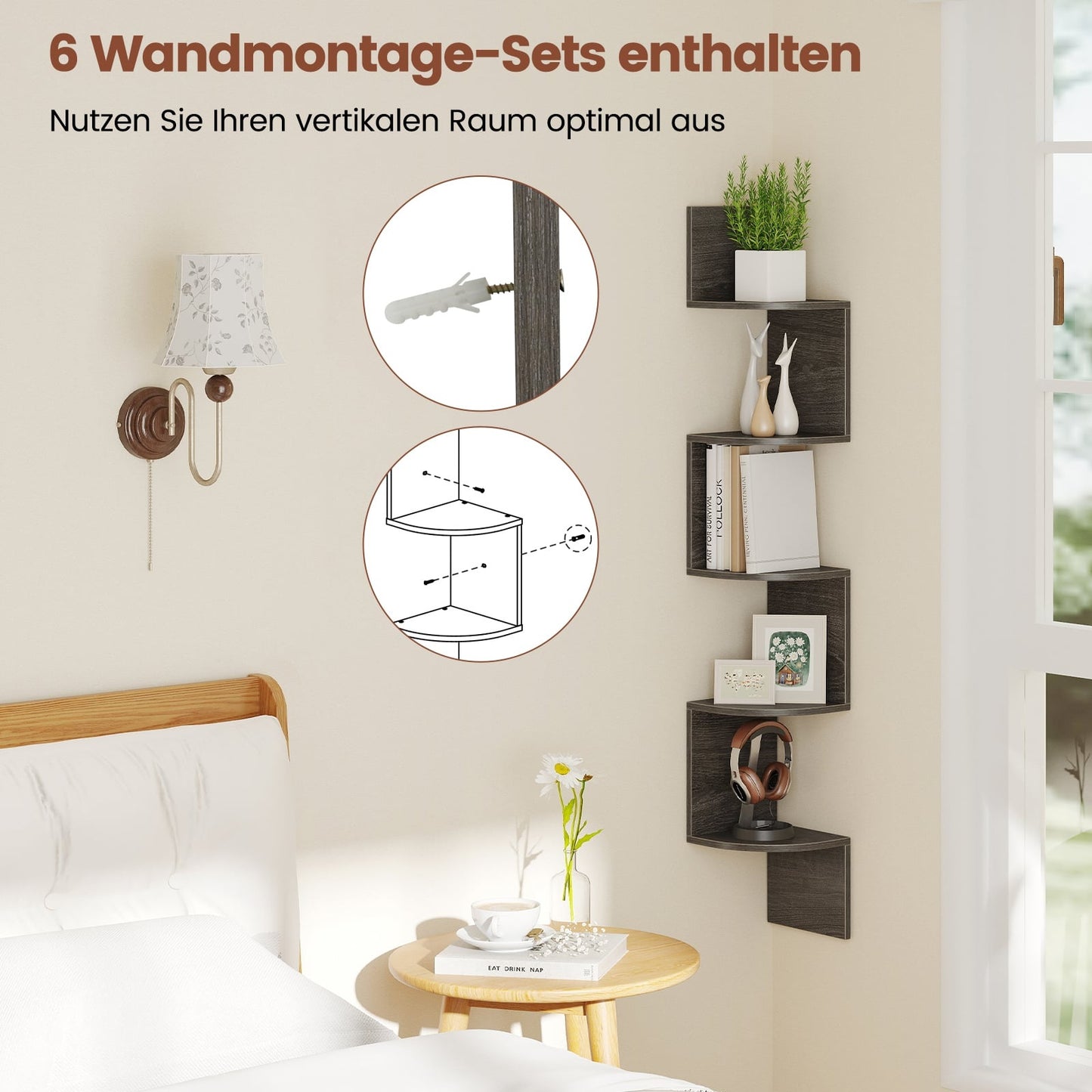 Floating Corner Shelf, 5-Tier Wall-Mounted Storage, Grey