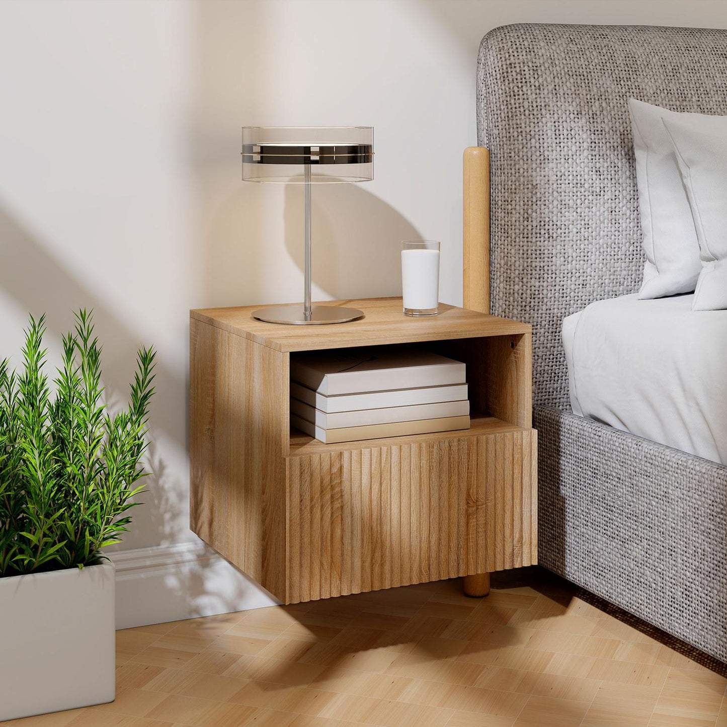 Floating Nightstand, Handleless, Open Shelf, Drawer, Light Brown
