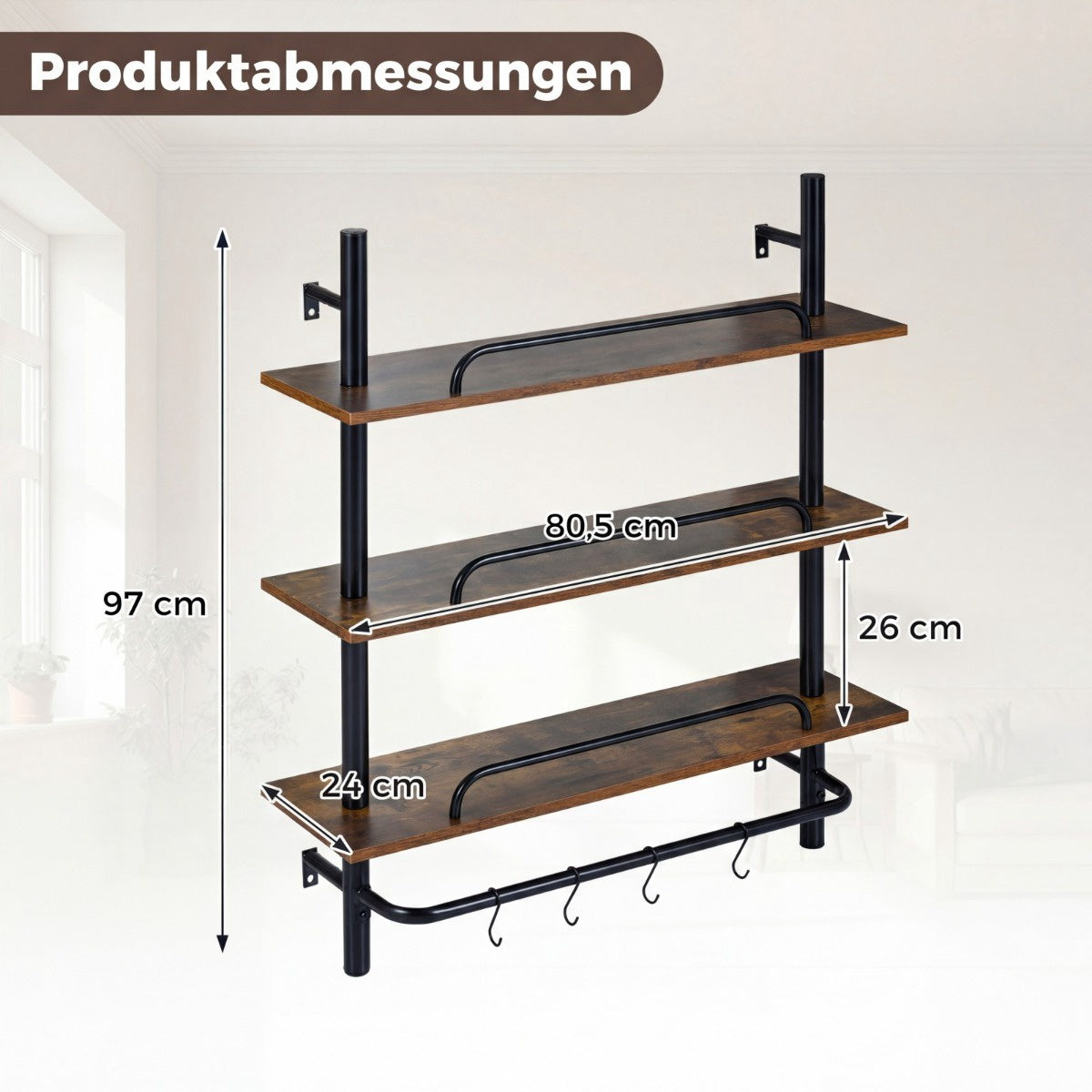 Floating Pipe Wall Shelf with 4 Hooks, 3-Tier, 80.5x24x97 cm