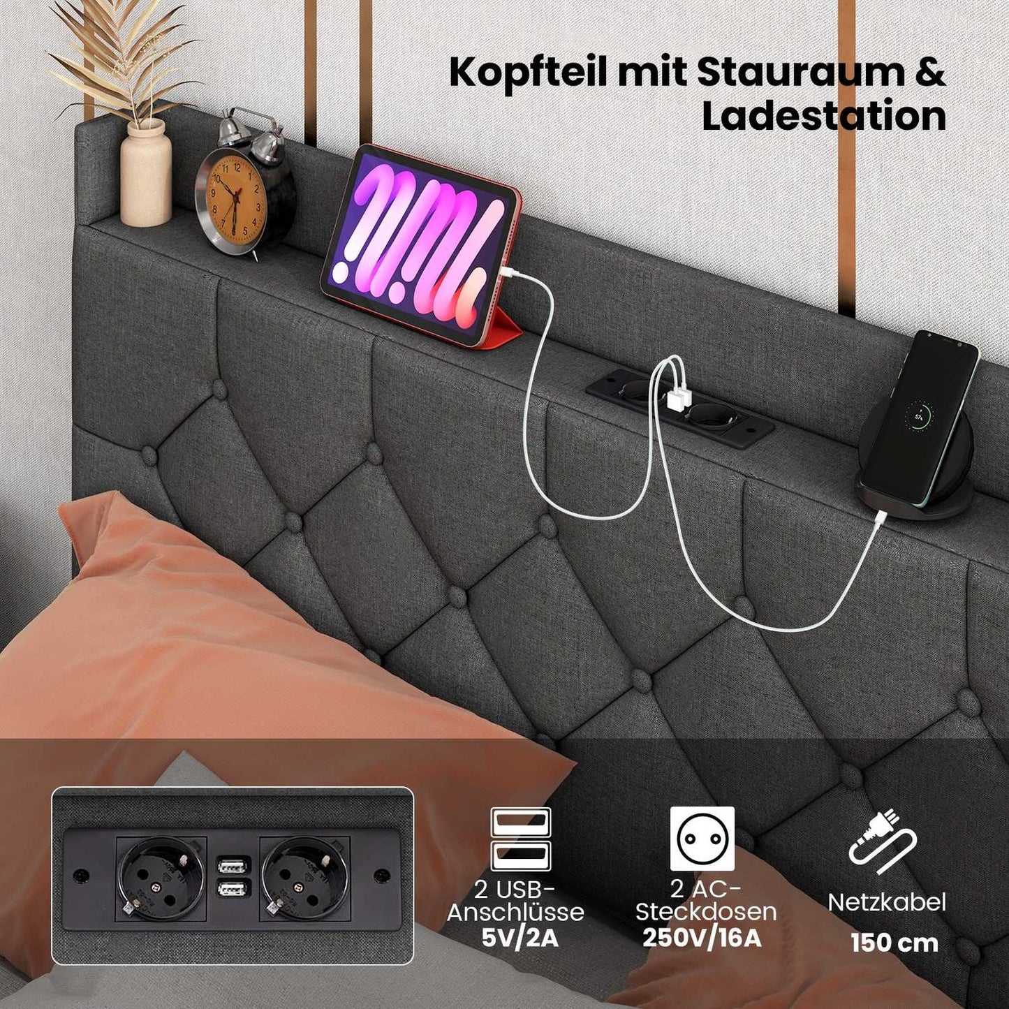 Floating Platform Bed Frame with LED Lights, Adjustable Headboard, Charging Ports, Gray