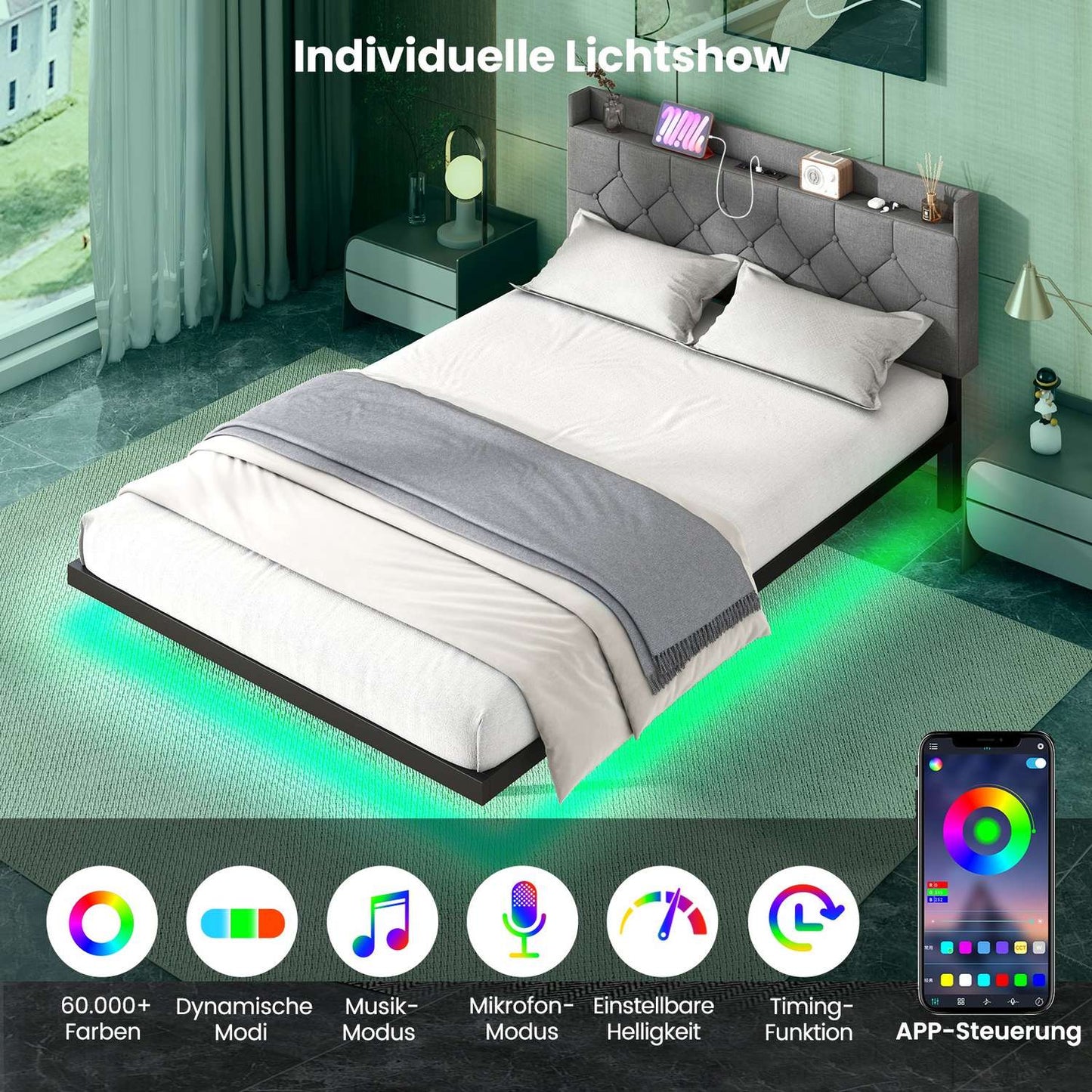 Floating Platform Bed Frame with LED Lights, Adjustable Headboard, Charging Ports, Gray