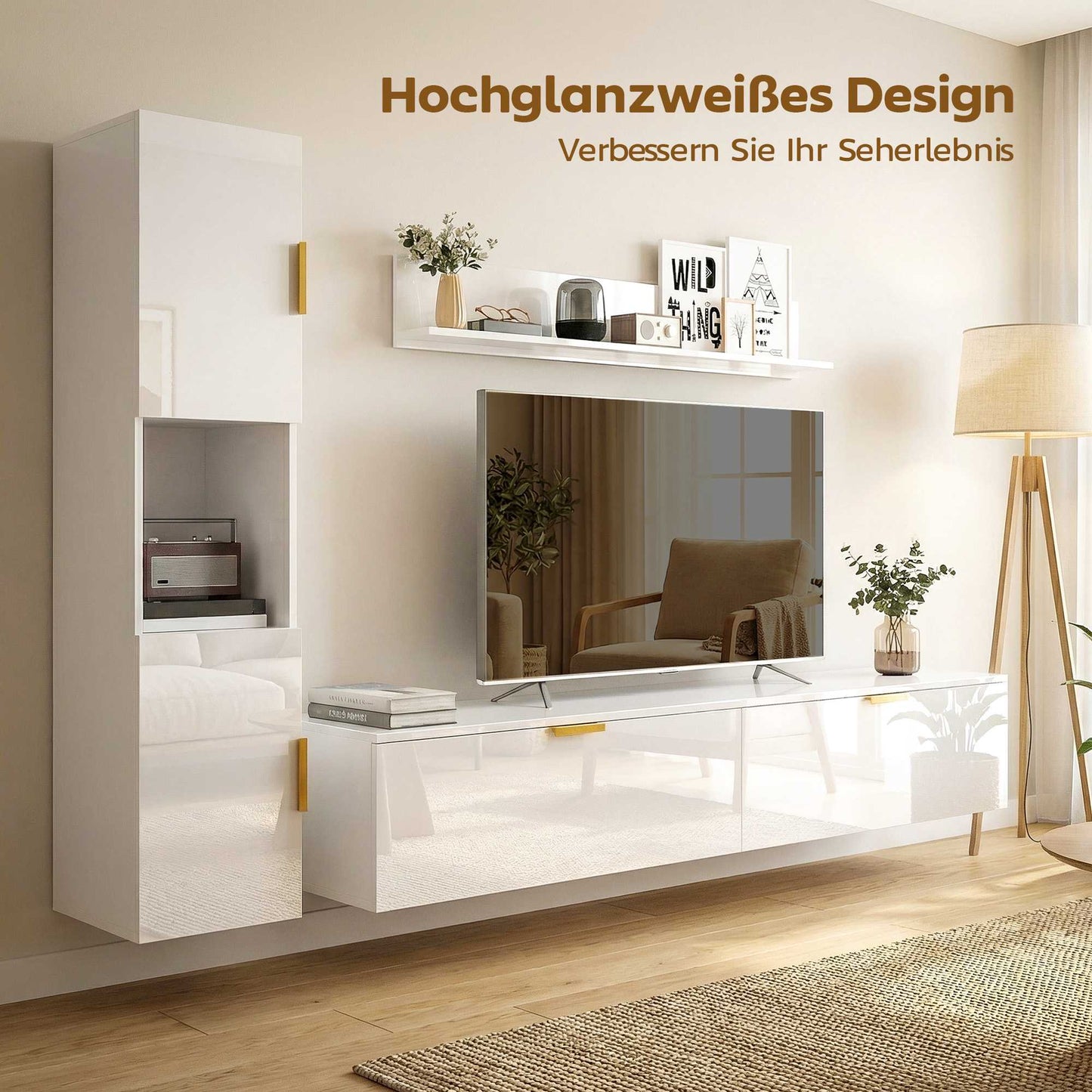 Floating TV Stand with Flip Doors, 180 cm Gloss White