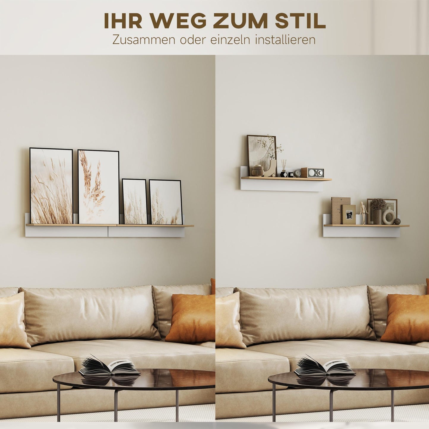 Floating Wall Shelf Set of 2, White & Natural Wood, 80x15 cm