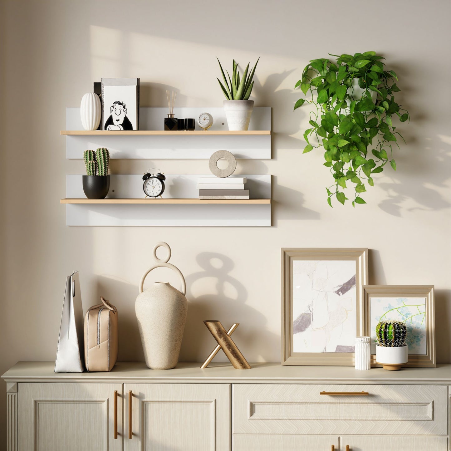 Floating Wall Shelf Set of 2, White & Natural Wood, 80x15 cm