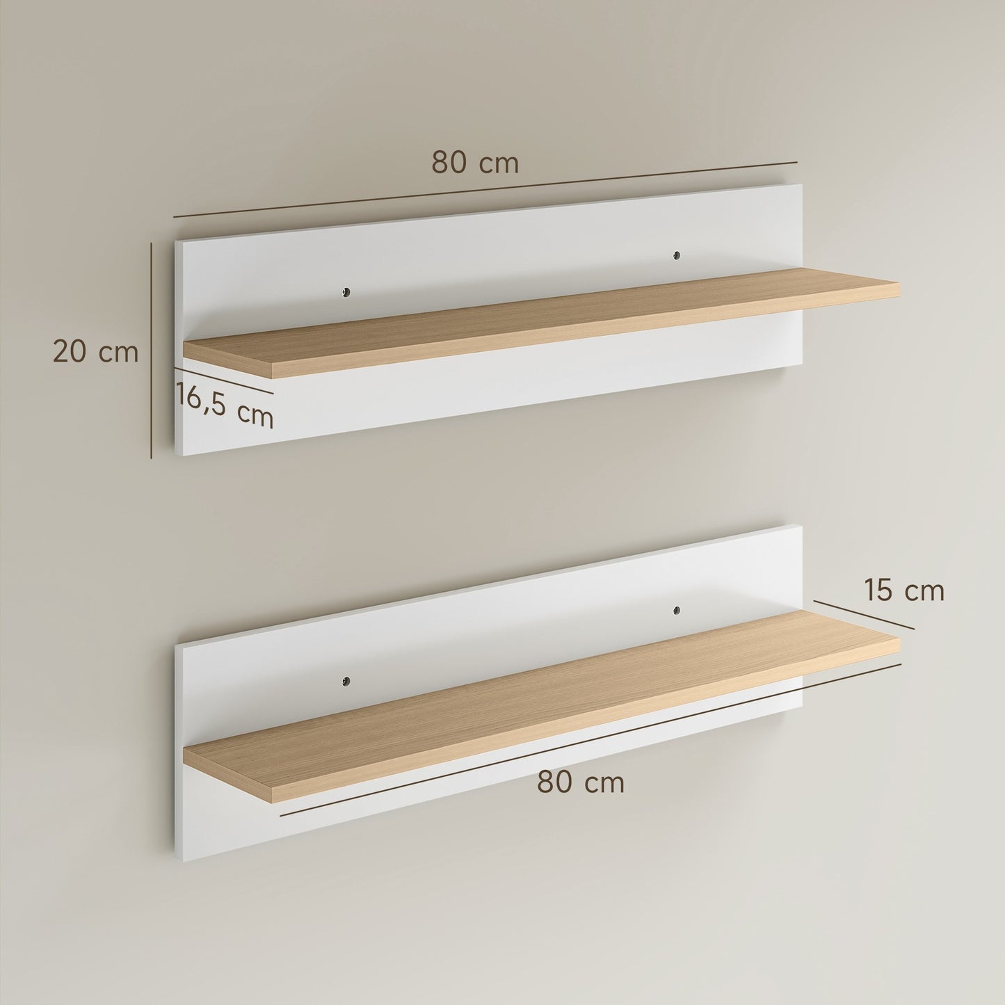 Floating Wall Shelf Set of 2, White & Natural Wood, 80x15 cm