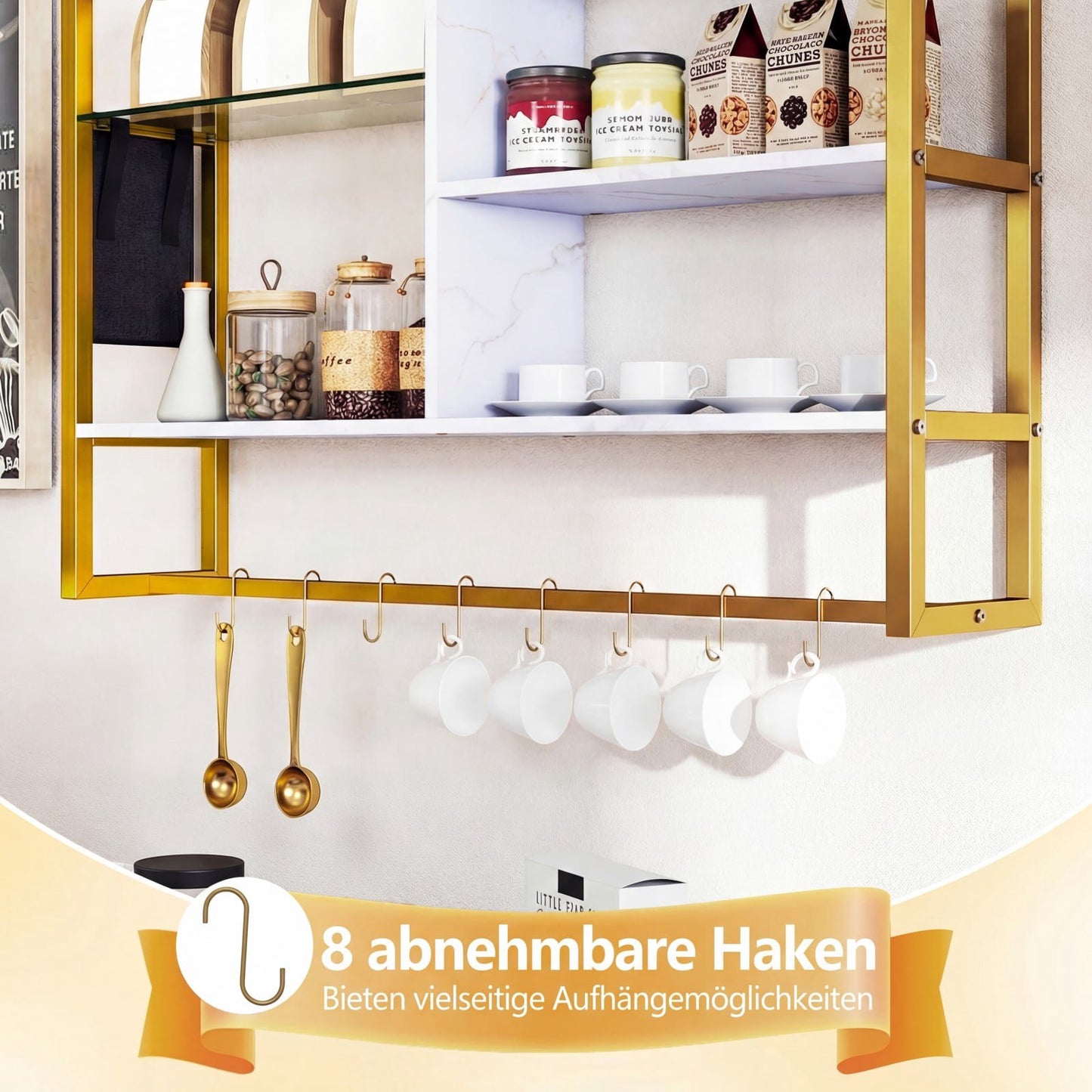 Floating Wall Shelf with 6 Tiers, 8 S-Hooks, Side Pocket