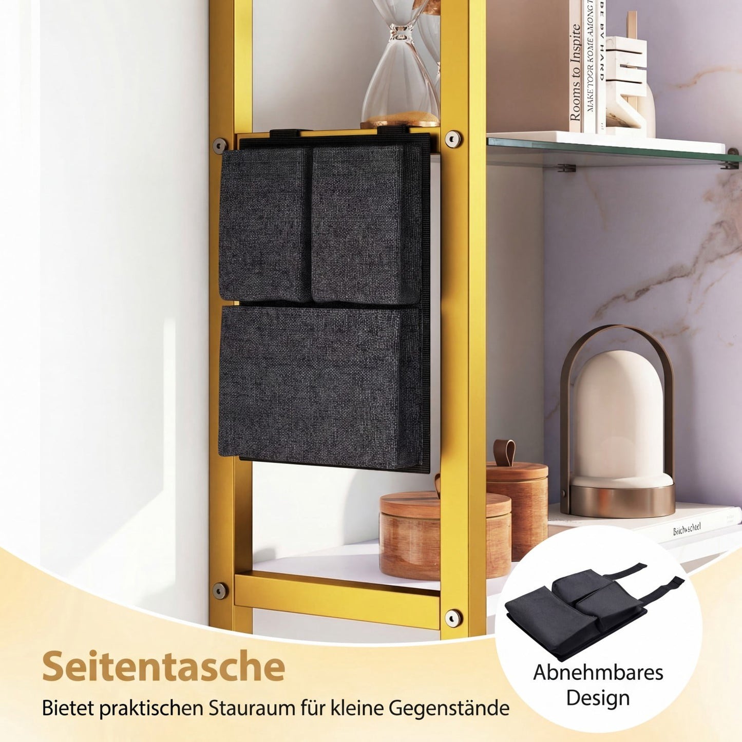 Floating Wall Shelf with 6 Tiers, 8 S-Hooks, Side Pocket