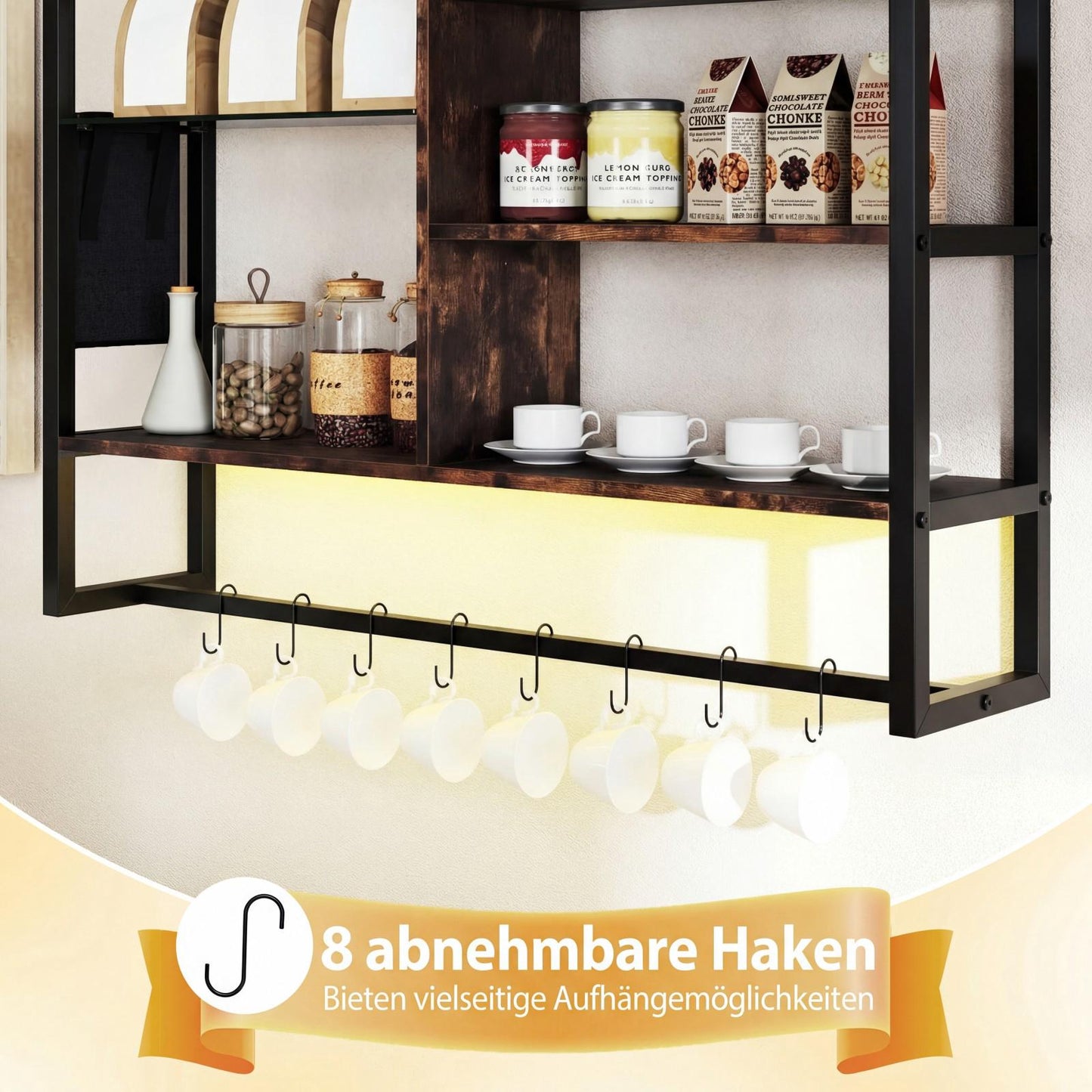 Floating Wall Shelf with RGB LED, 6-Tier, 8 Hooks, 107x24x96 cm
