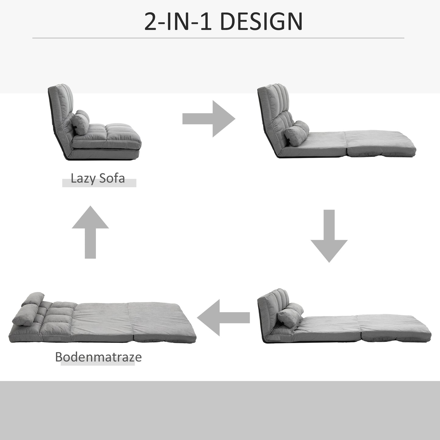 Adjustable 2-in-1 floor chair & bed with backrest, gray velvet