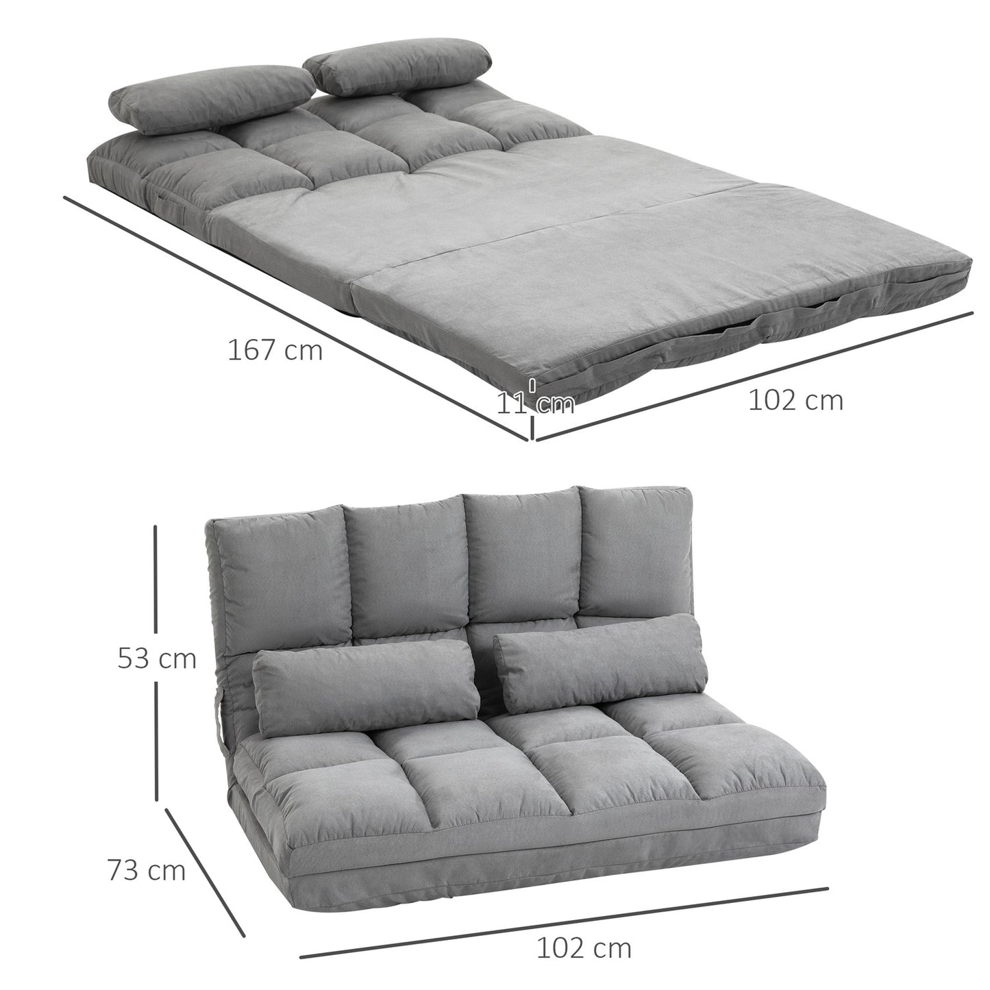 Adjustable 2-in-1 floor chair & bed with backrest, gray velvet