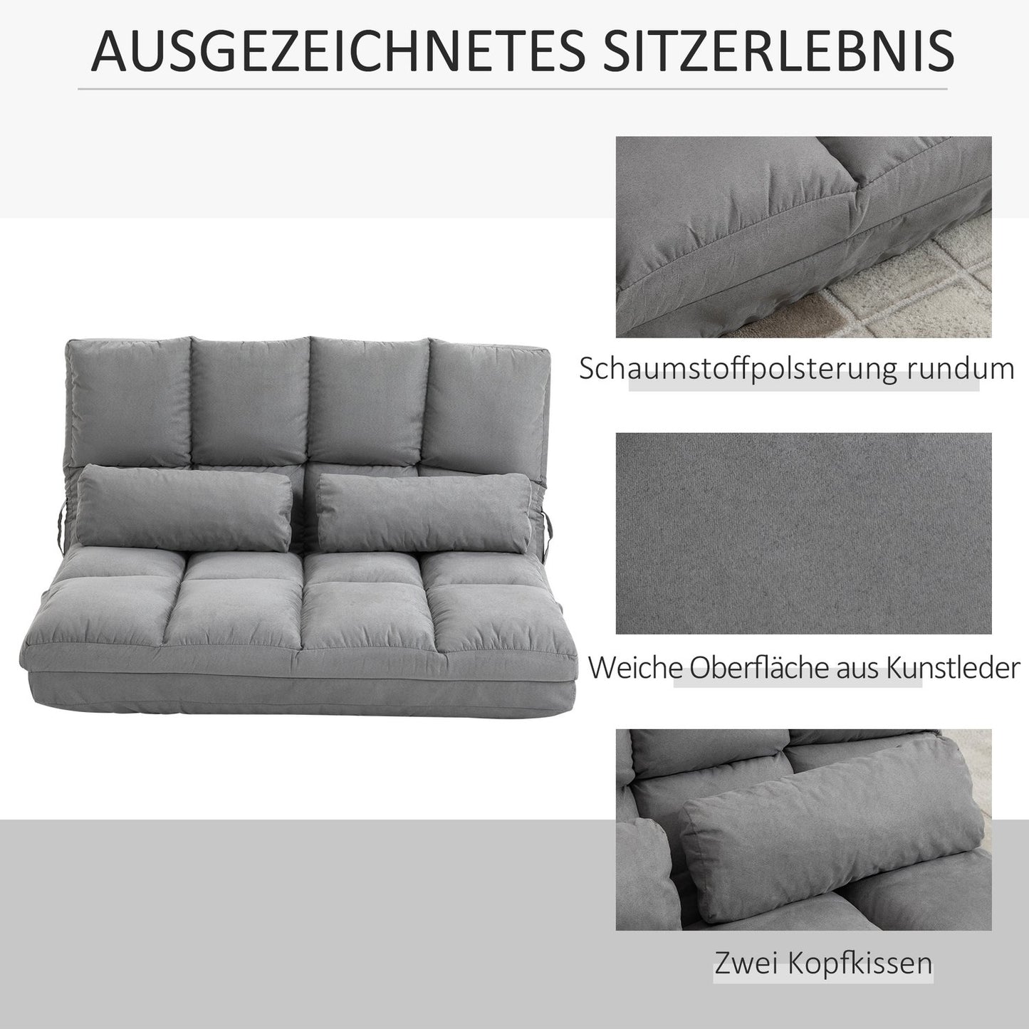 Adjustable 2-in-1 floor chair & bed with backrest, gray velvet