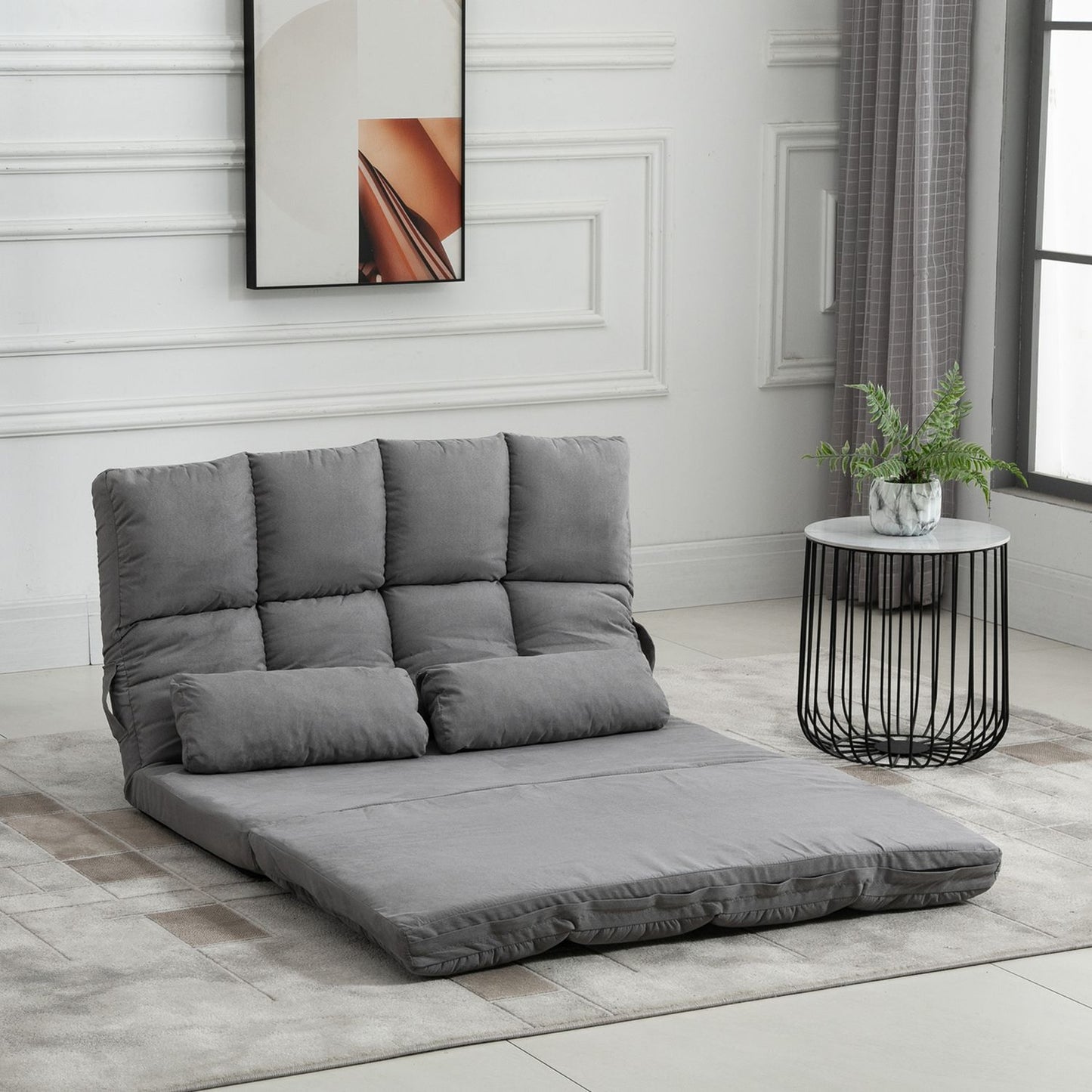Adjustable 2-in-1 floor chair & bed with backrest, gray velvet