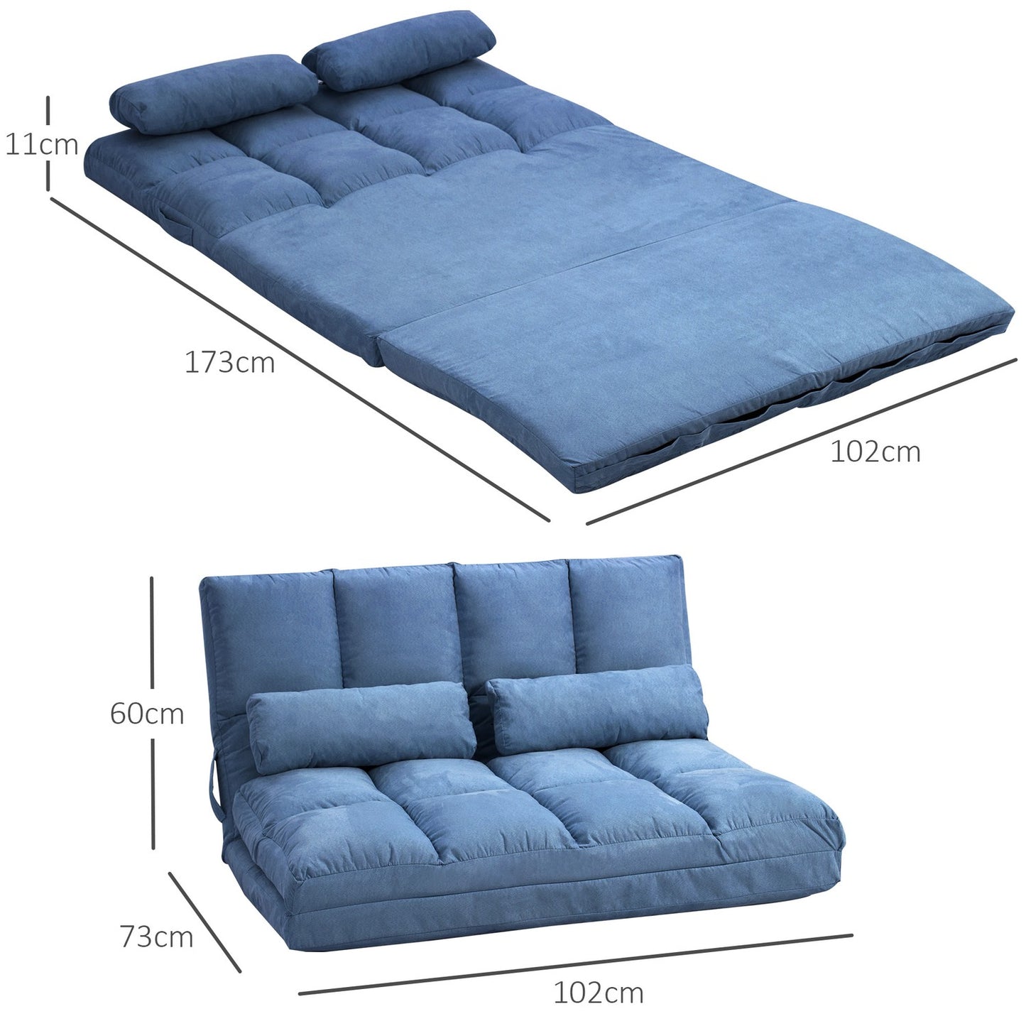 Convertible floor chair bed, 3-position adjustable, velvet blue