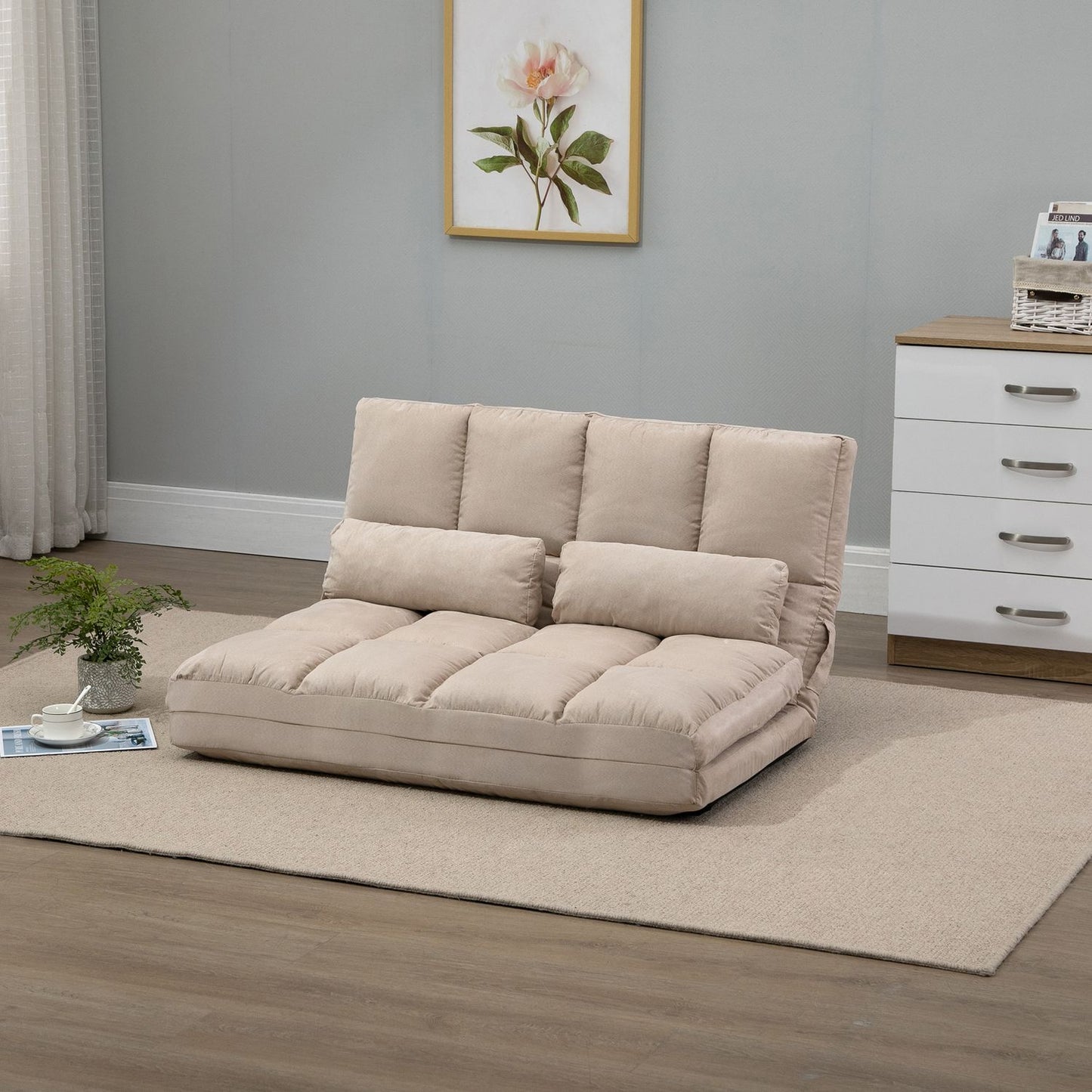 Adjustable Beige Velvet Floor Chair bed with backrest