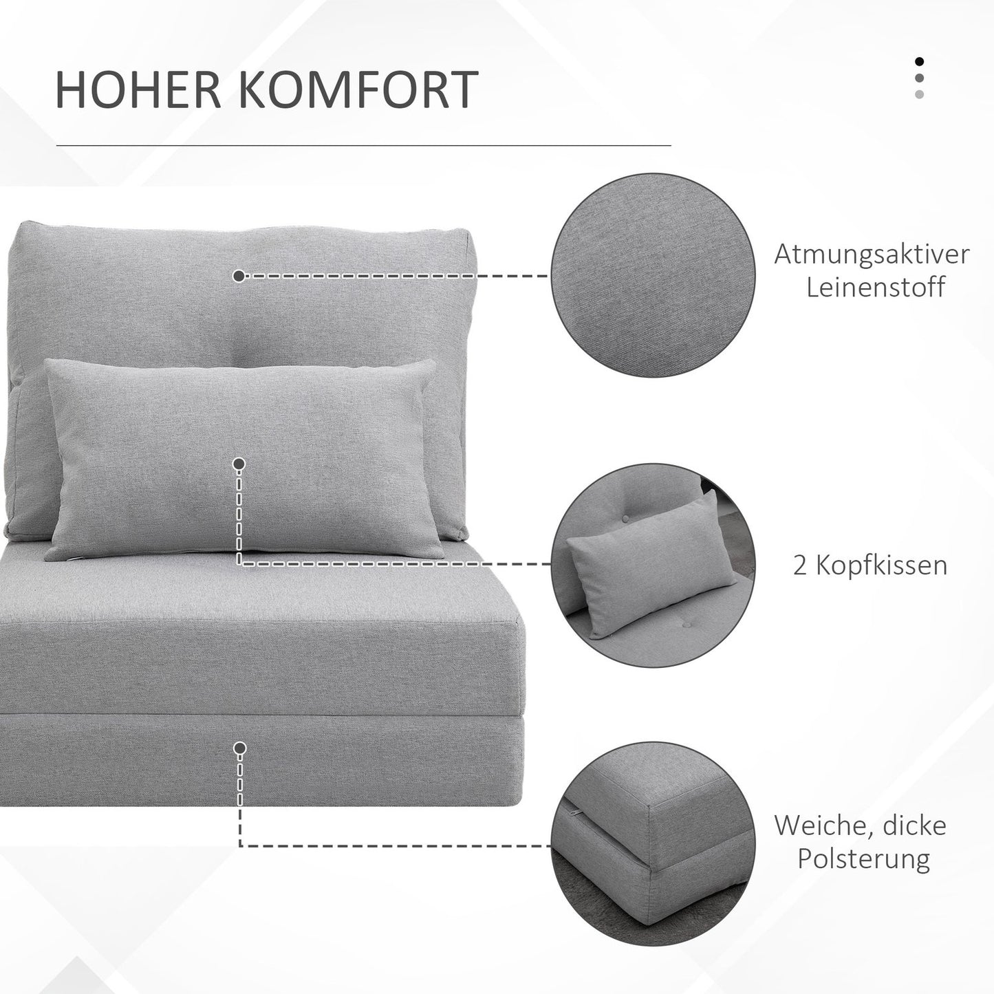 Adjustable folding floor chair and bed, linen gray pillow