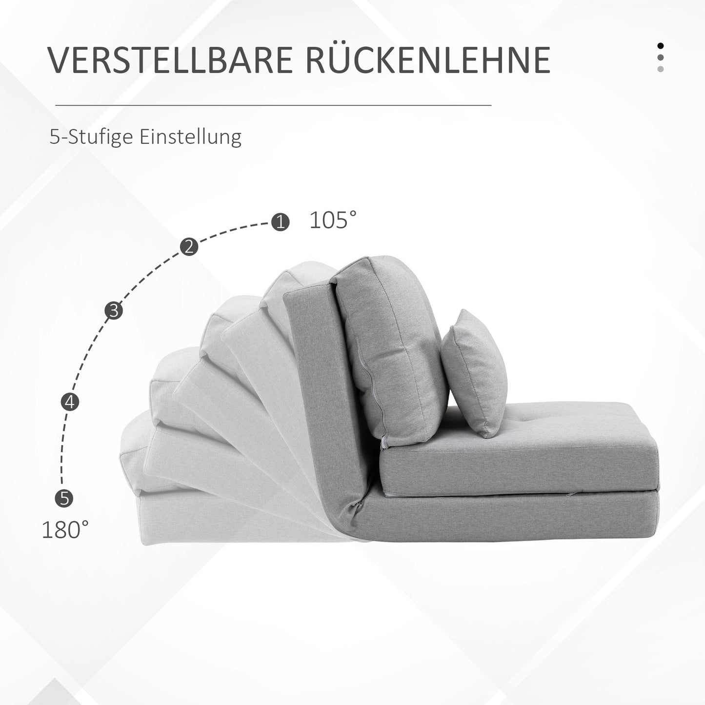 Adjustable folding floor chair and bed, linen gray pillow