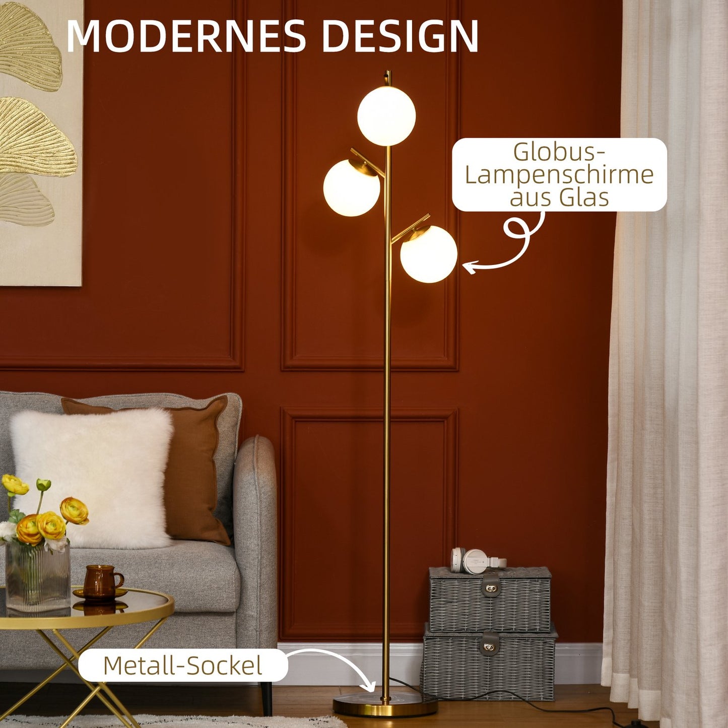 Floor lamp with E27 base, 3 glass shades, 169 cm