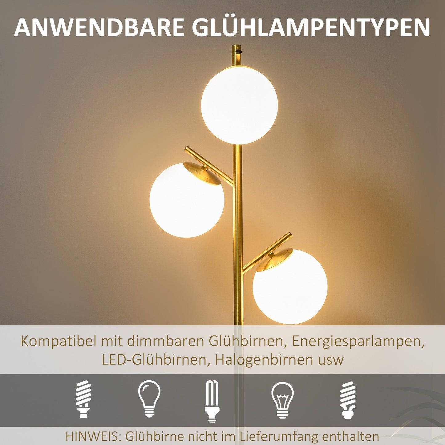 Floor lamp with E27 base, 3 glass shades, 169 cm