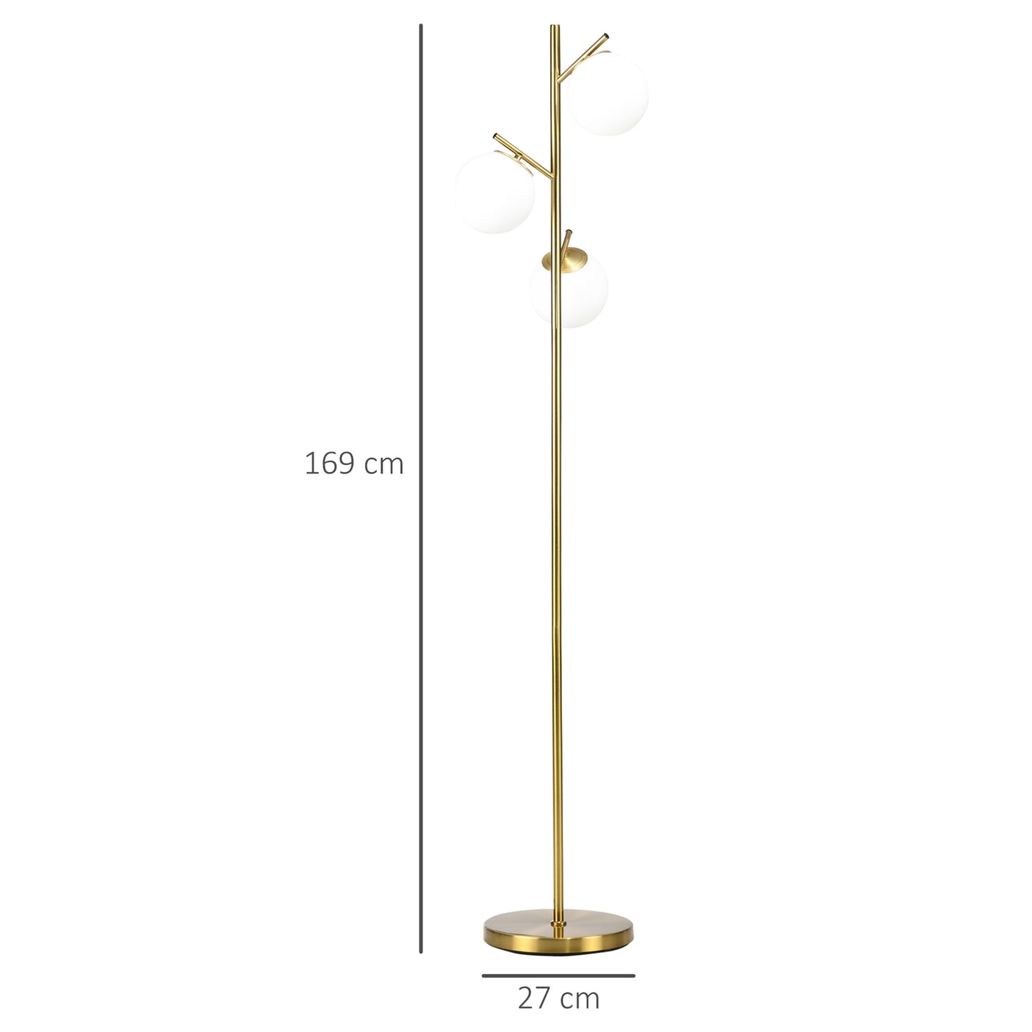 Floor lamp with E27 base, 3 glass shades, 169 cm