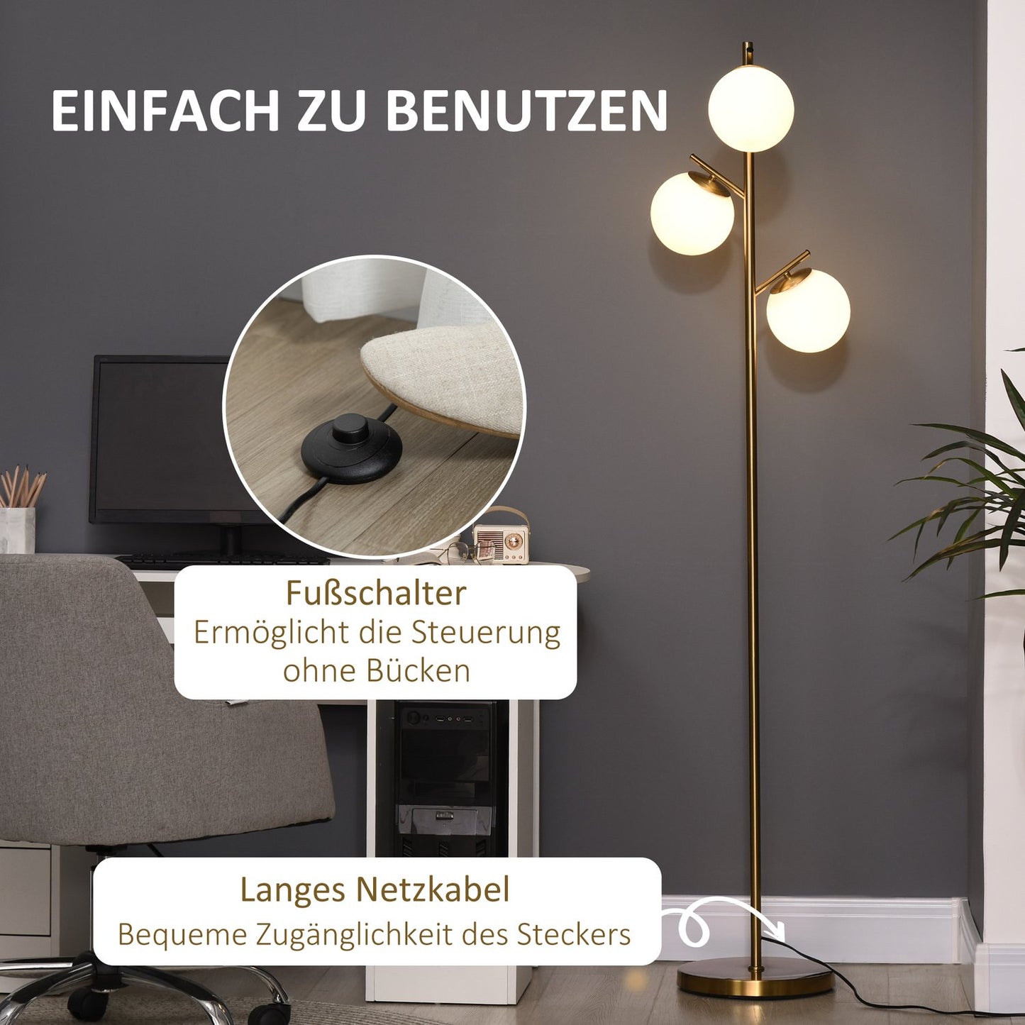 Floor lamp with E27 base, 3 glass shades, 169 cm