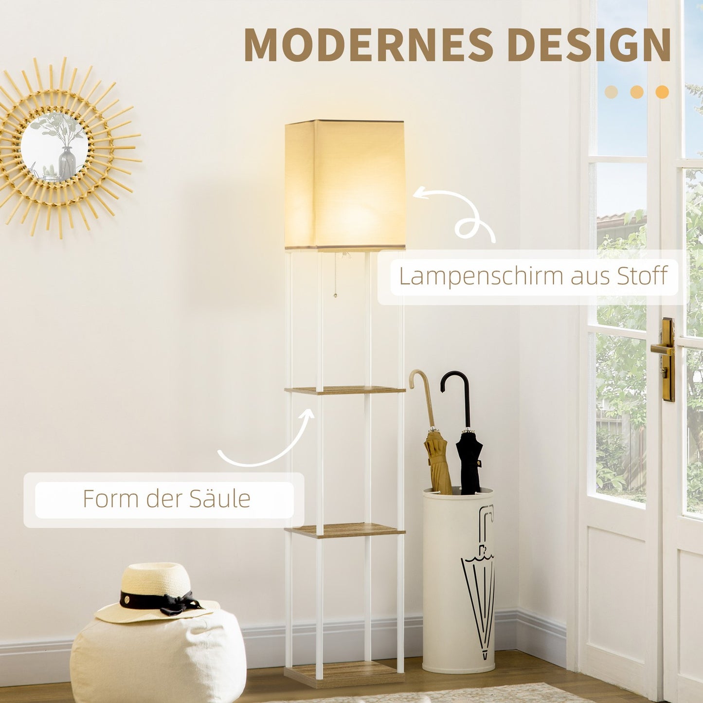 White floor lamp with fabric shade, E27 Socket, 40W