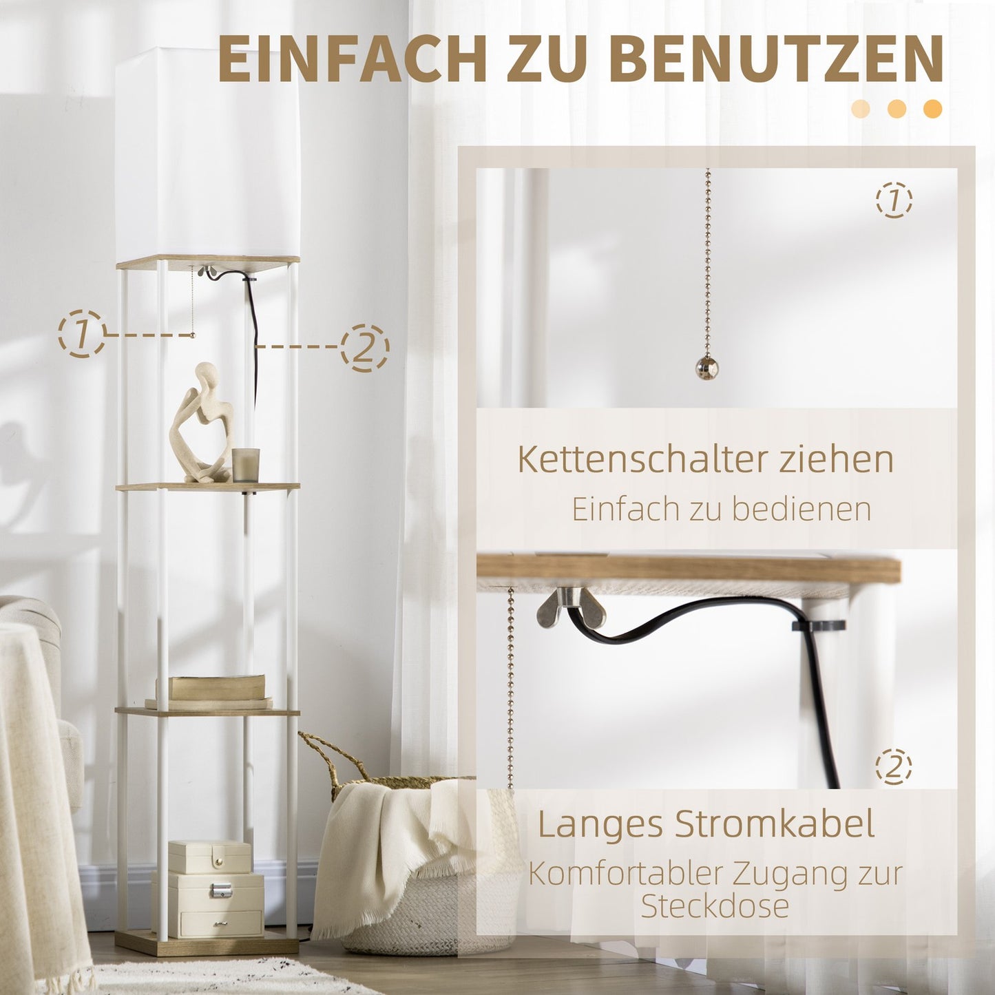 White floor lamp with fabric shade, E27 Socket, 40W