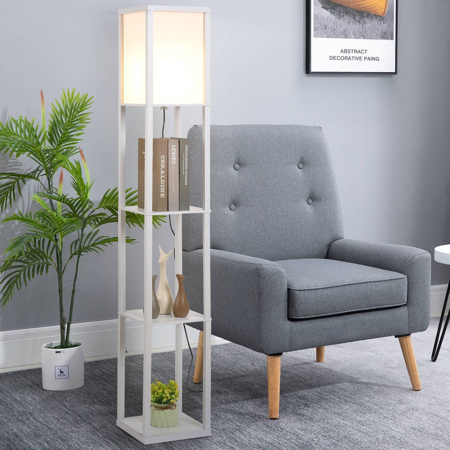 Floor lamp with 3 shelves, E27 socket, white, 26x160cm
