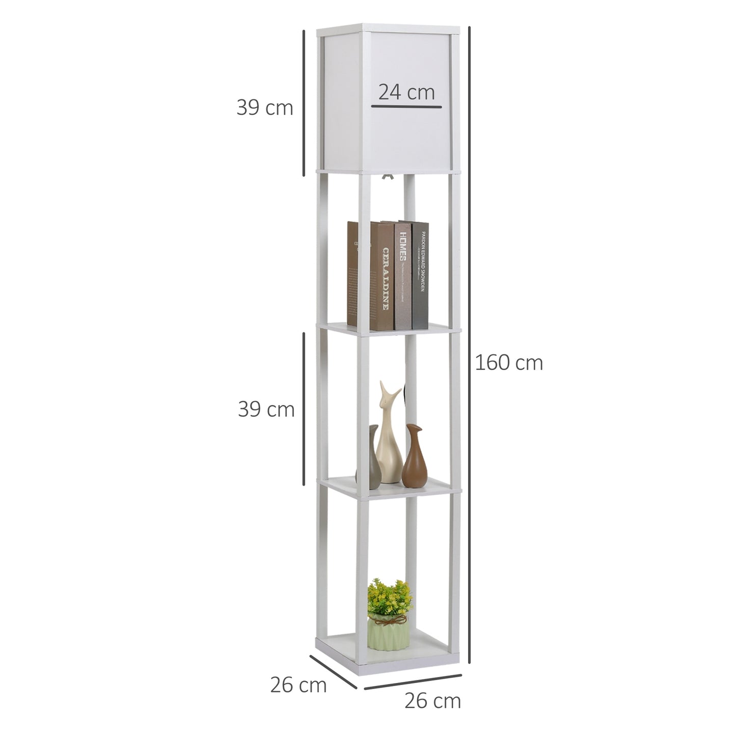 Floor lamp with 3 shelves, E27 socket, white, 26x160cm