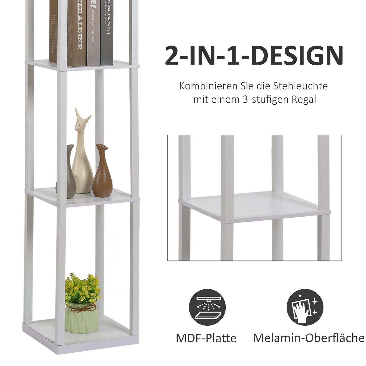 Floor lamp with 3 shelves, E27 socket, white, 26x160cm