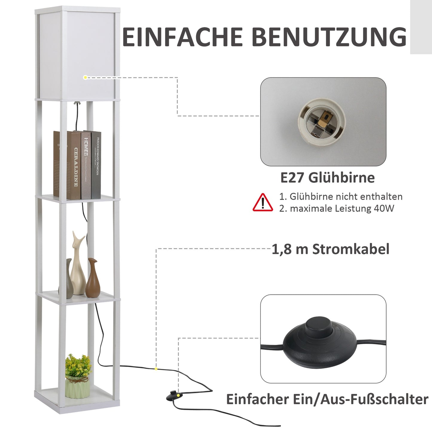 Floor lamp with 3 shelves, E27 socket, white, 26x160cm