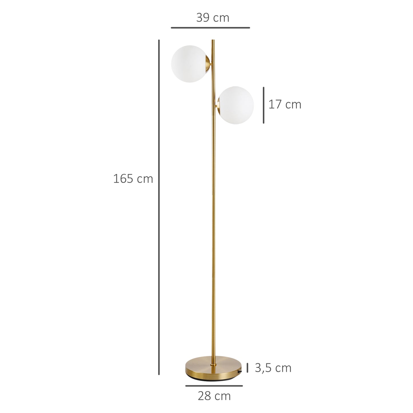 Floor lamp with 2-part glass shade - steel & glass, golden