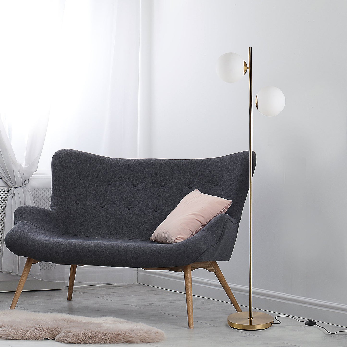 Floor lamp with 2-part glass shade - steel & glass, golden