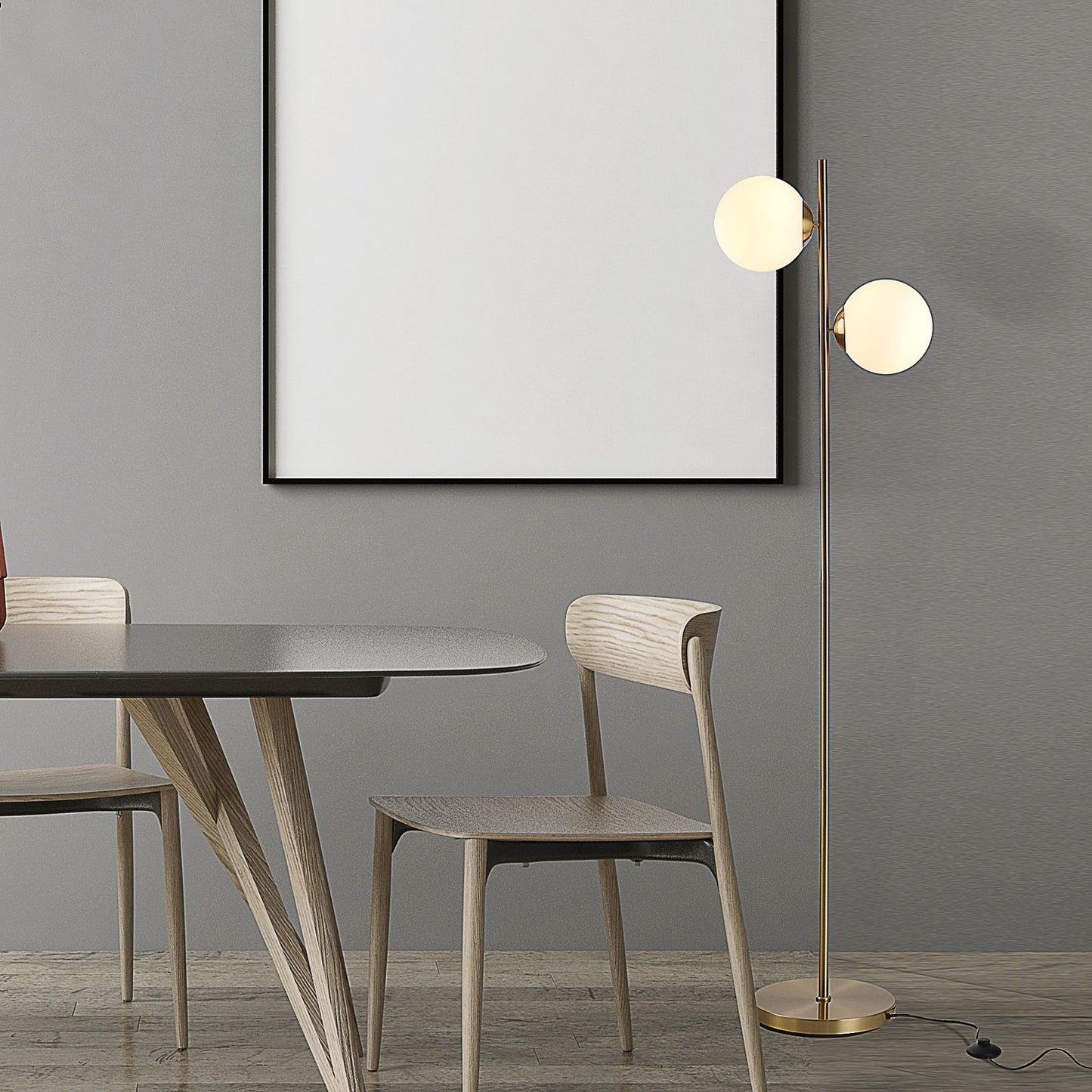 Floor lamp with 2-part glass shade - steel & glass, golden