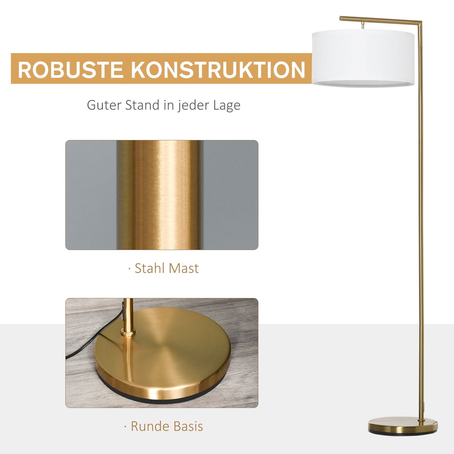 Gold & white floor lamp, E27 Base - steel & linen, 153cm