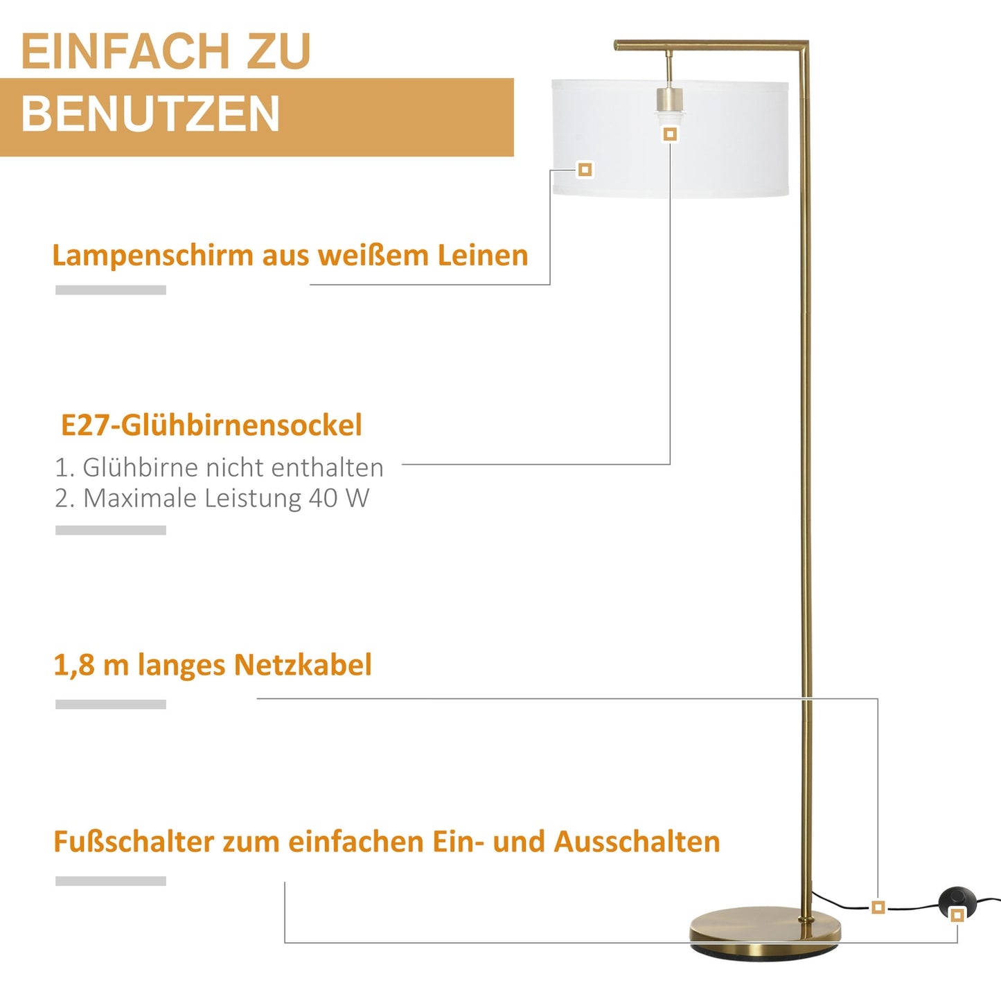 Gold & white floor lamp, E27 Base - steel & linen, 153cm