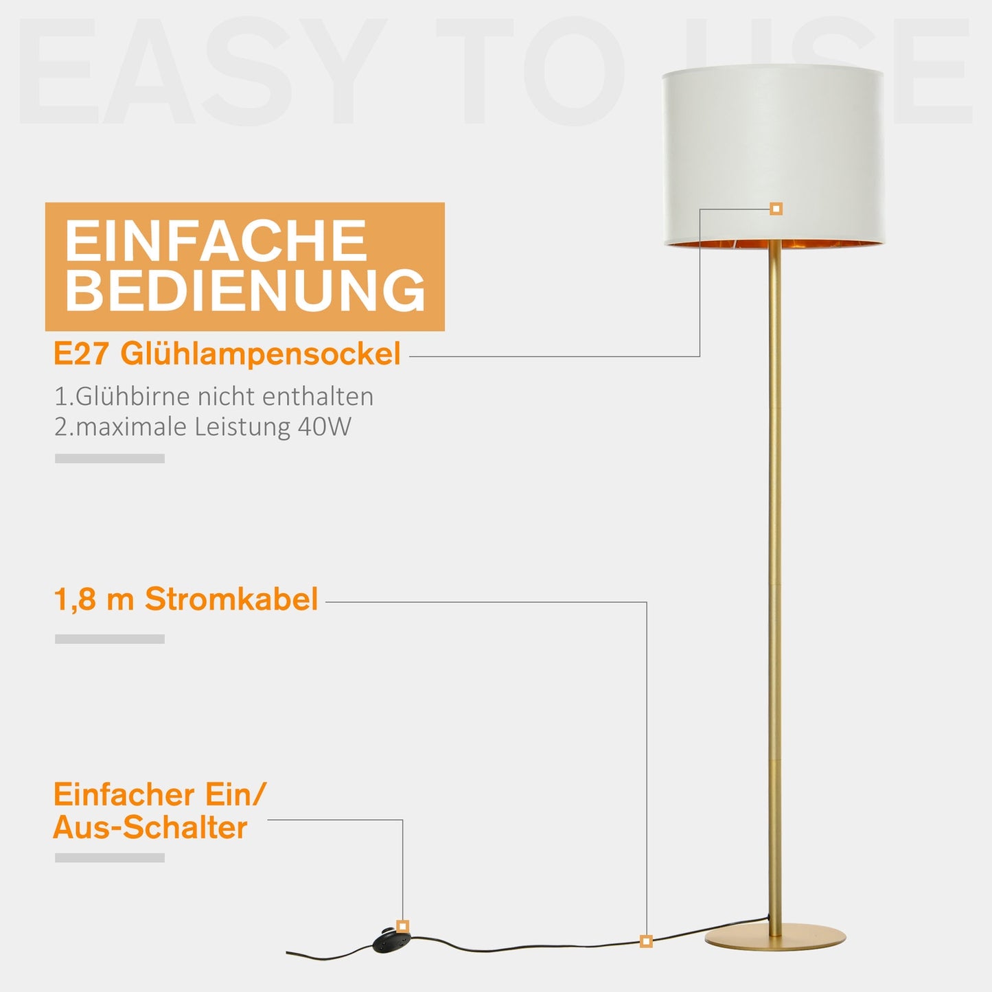 White metal floor lamp for living room, Ø40 x 160H Cm