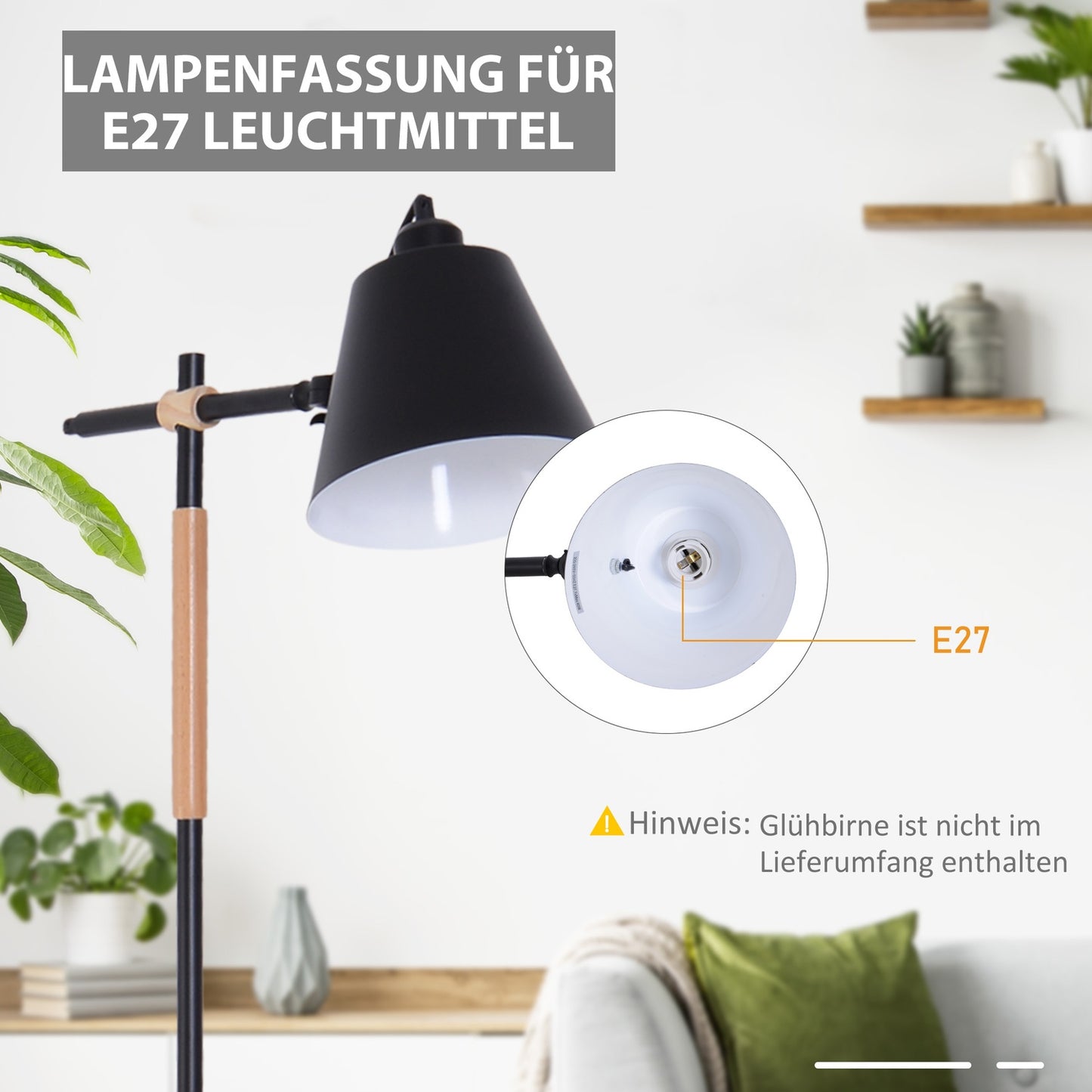 Industrial floor lamp - wood & metal, black/natural, 40W